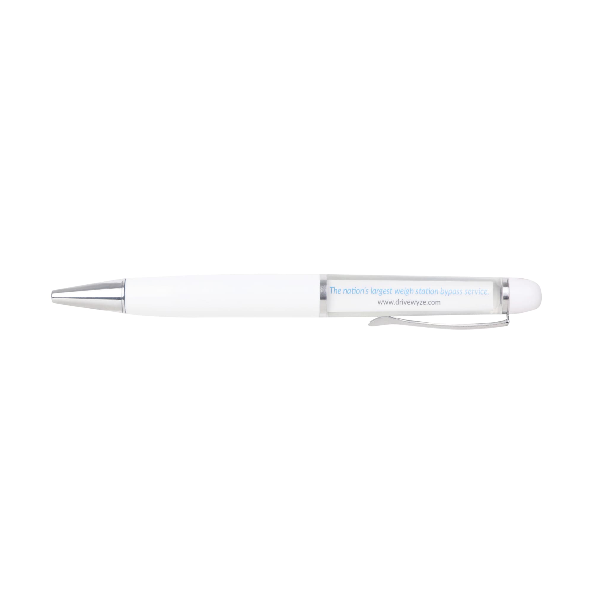 A white promotional pen with a silver clip and a transparent barrel, featuring a branding logo.