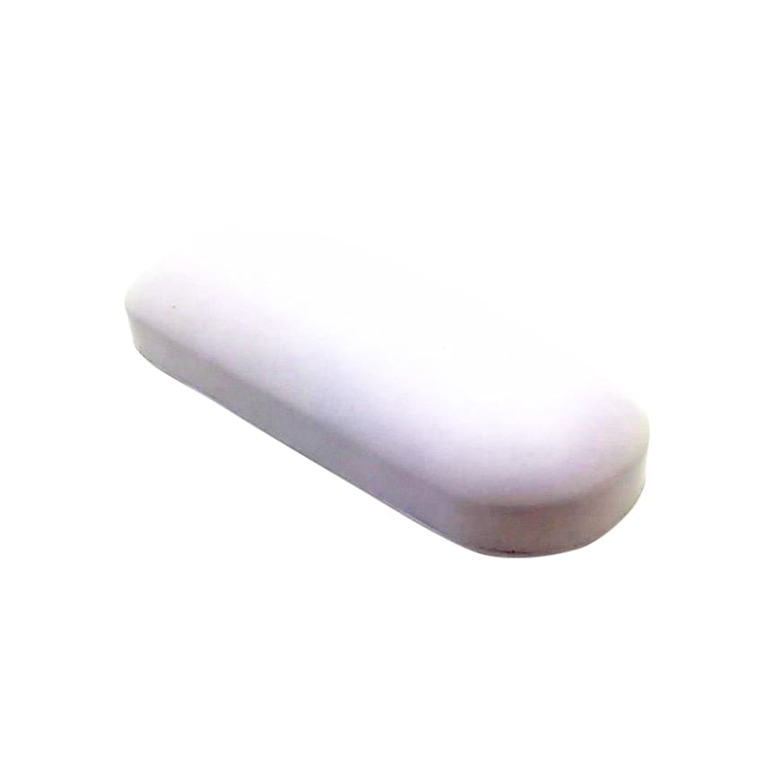 A large white oval-shaped stress reliever with a smooth surface and rounded edges. It features a logo.
