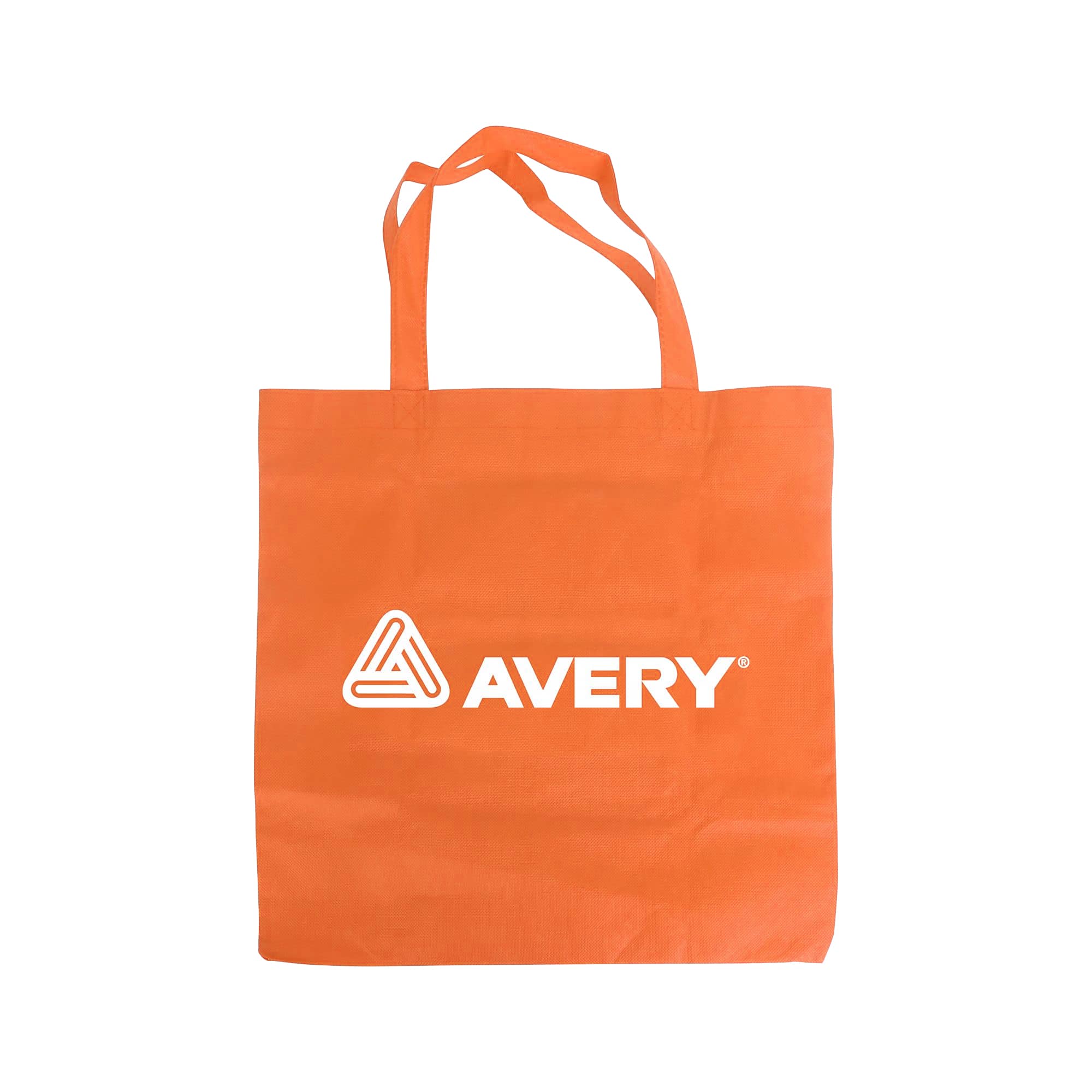 An orange non-woven foldable bag with shoulder handles and a logo printed on one side.