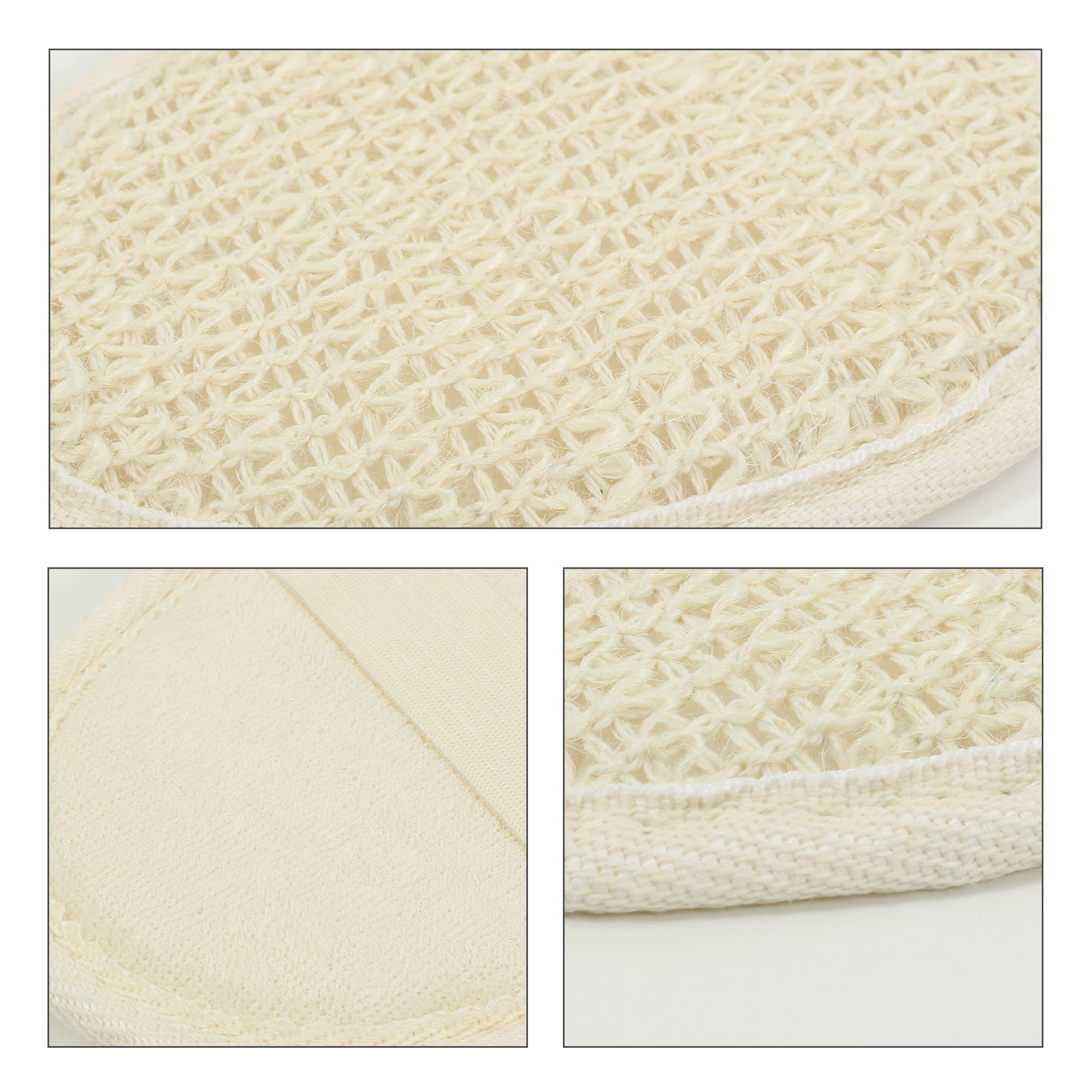 A natural, cream-coloured cotton linen bath sponge pad with a textured surface and soft edges, featuring a branding logo.