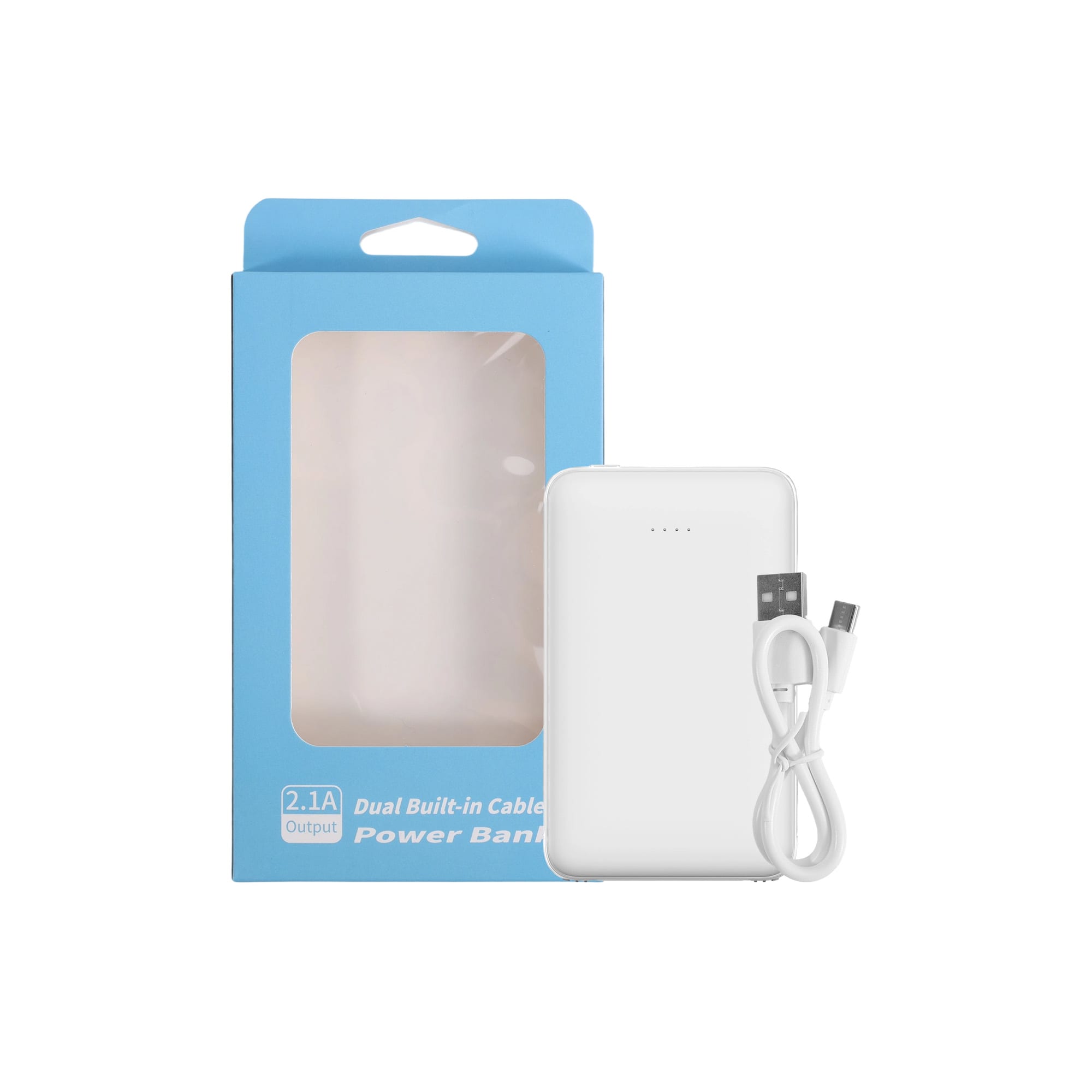A white 5000mAh power bank with a built-in charging cable, displayed in a blue box.