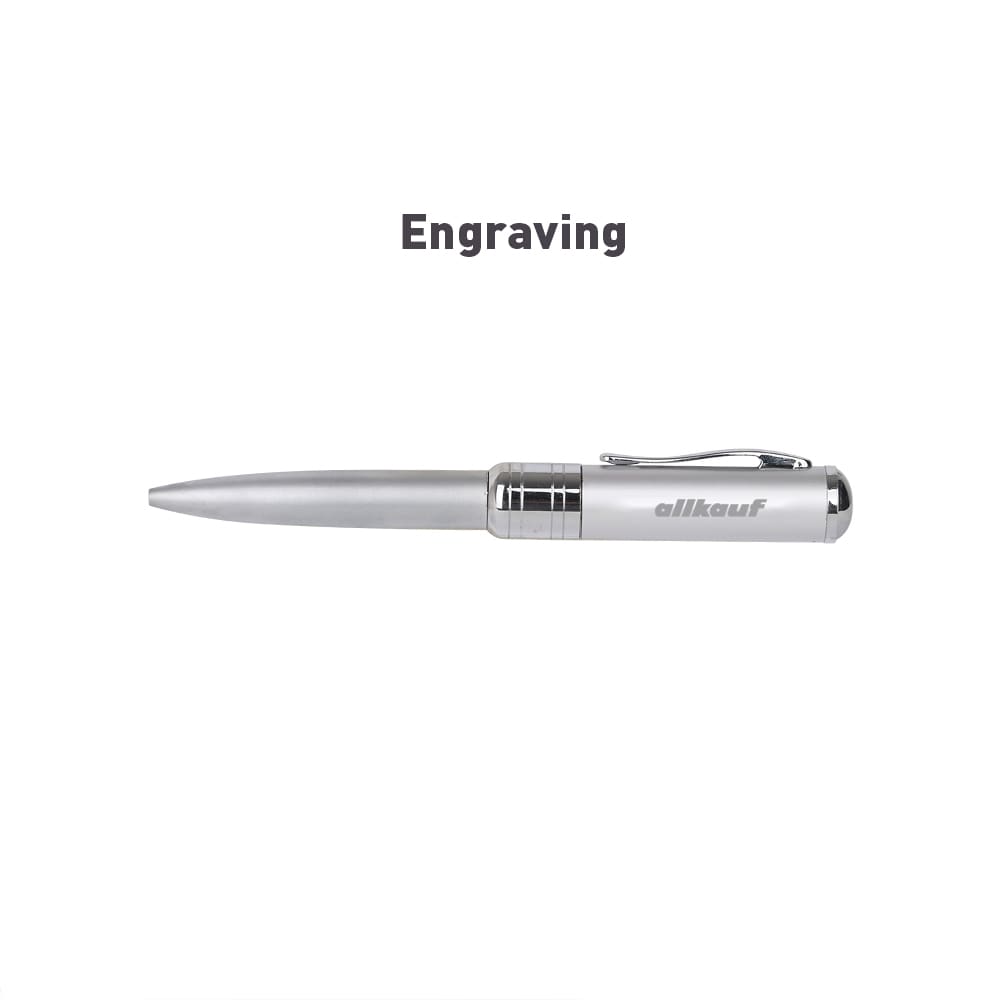 A silver pen with a shiny finish and a logo, featuring a push mechanism and a sleek design.