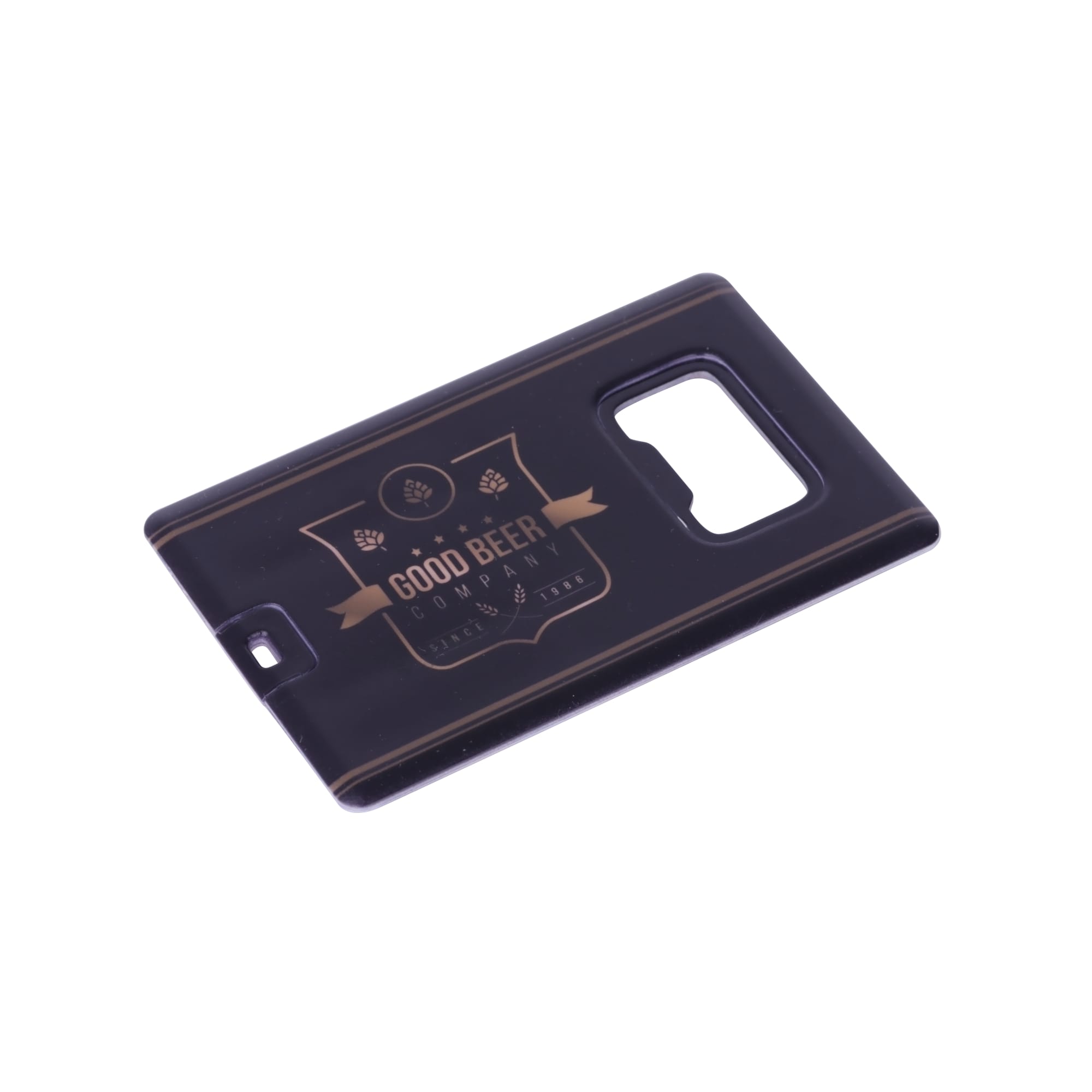 A drink bottle opener flash drive in black with a logo, designed in a card shape for easy portability.
