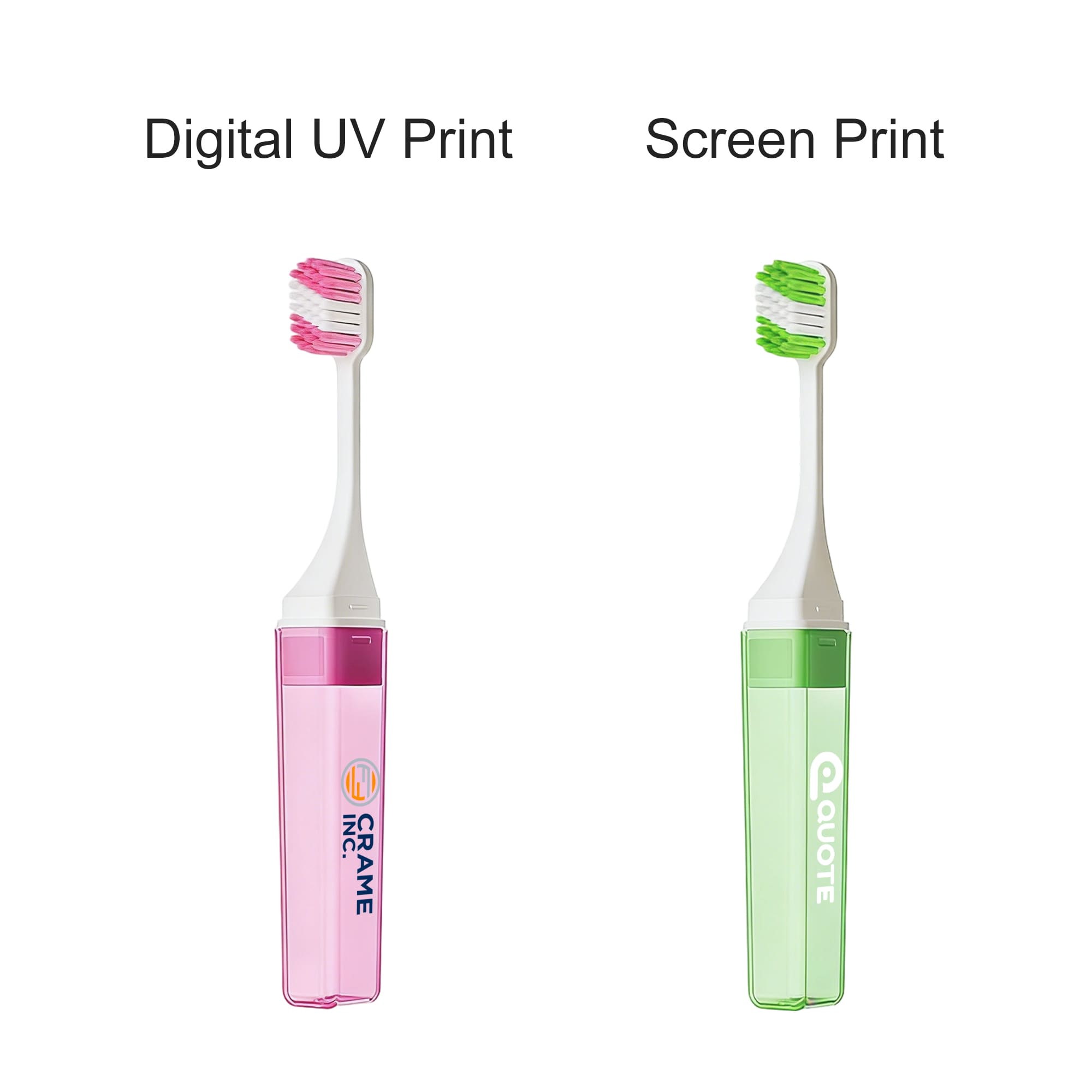 A foldable toothbrush in pink and green casing with a transparent cover. Each has a unique design and includes branding.