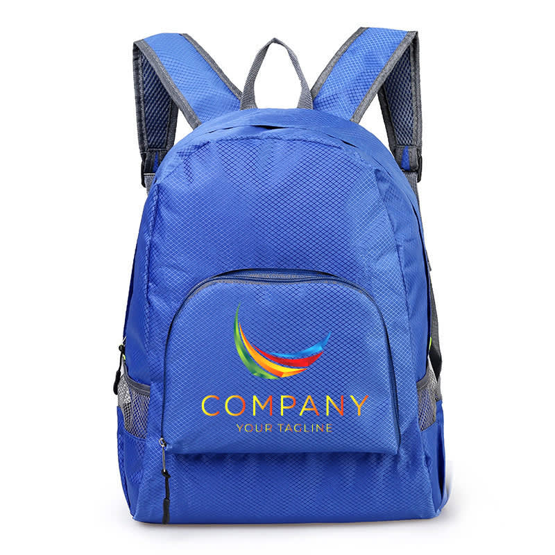 A blue backpack with a textured design, featuring a front pocket and padded shoulder straps. It has a logo on the front.