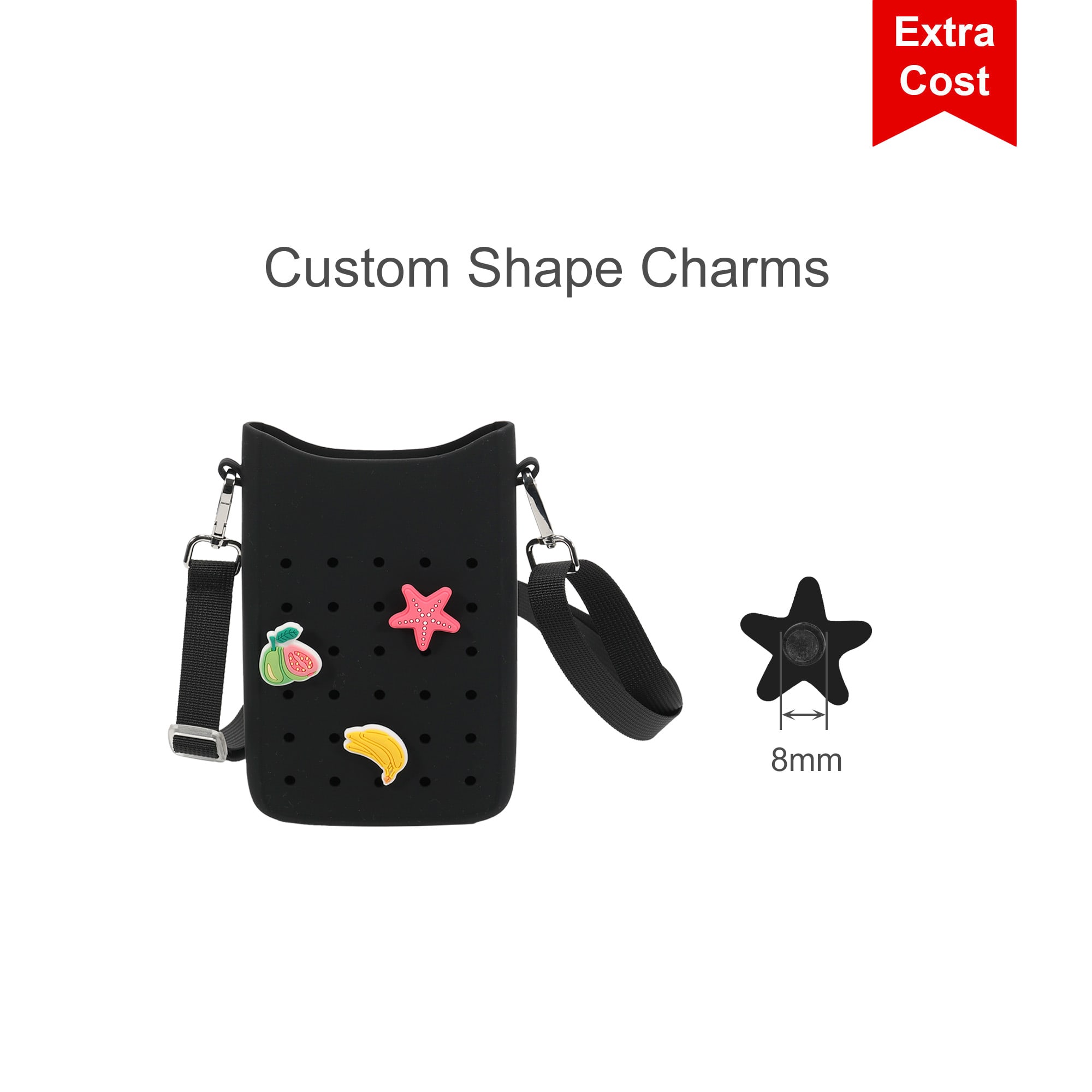 A black silicone phone bag with holes, featuring custom shape charms and an adjustable strap.