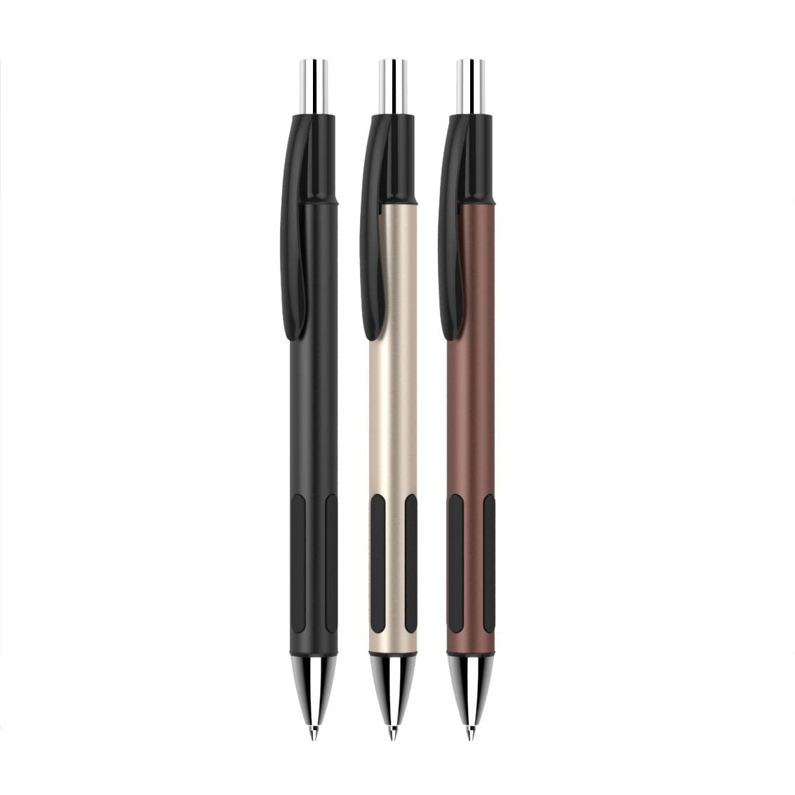 A set of three plastic pens in black, cream, and brown, featuring a logo on the side.