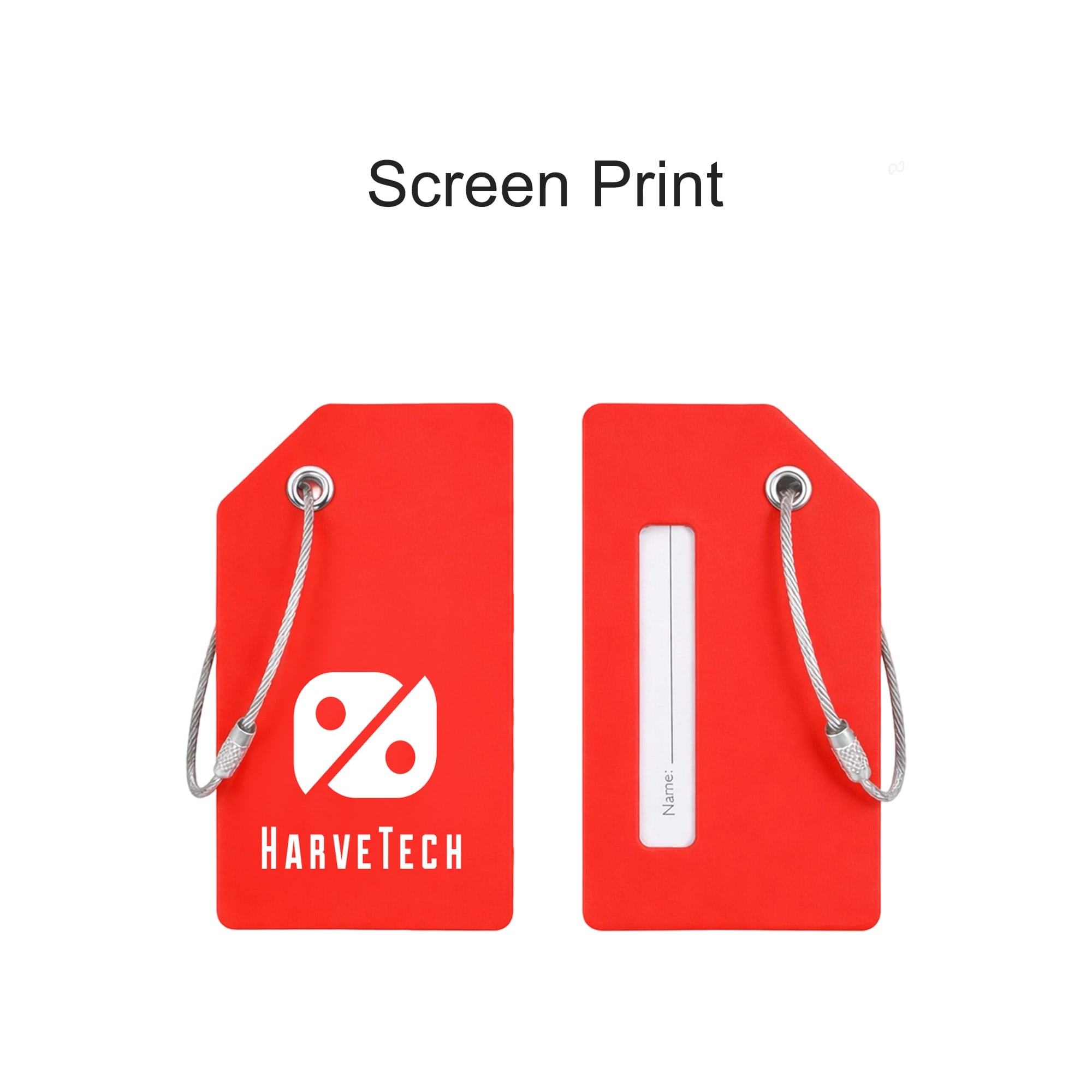 A soft silicone luggage tag in red features a window for information and a branding logo.