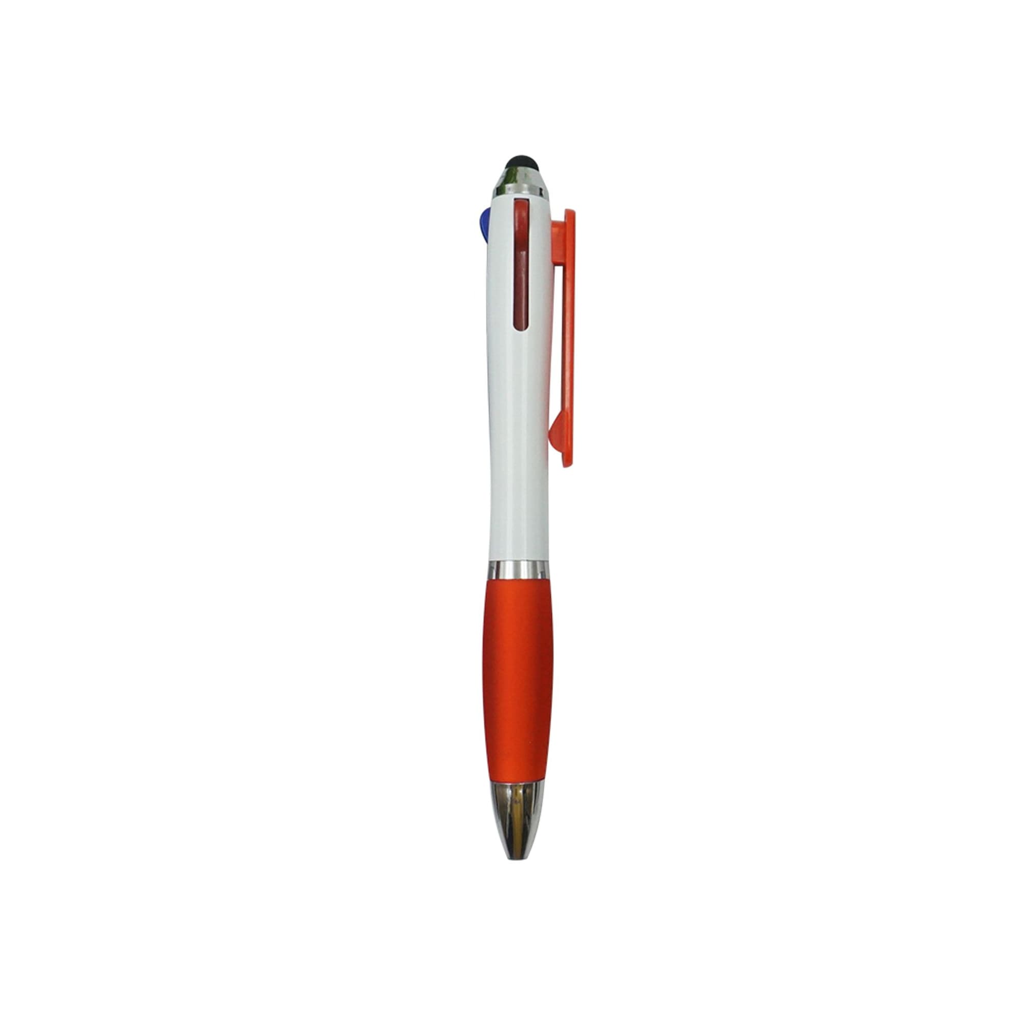A three-colour ballpoint pen with a white barrel, red grip, and blue, red, and black ink options. Features a clip and branding.