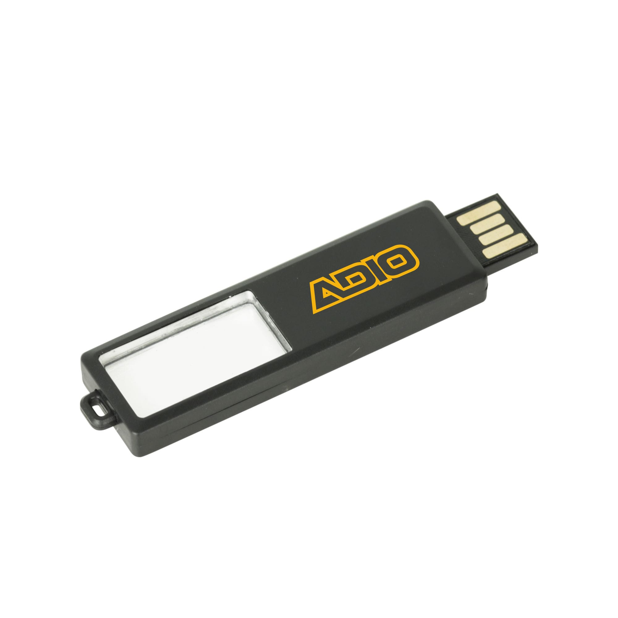 A black sliding acrylic flash drive with a logo, featuring a clear window and USB connector.