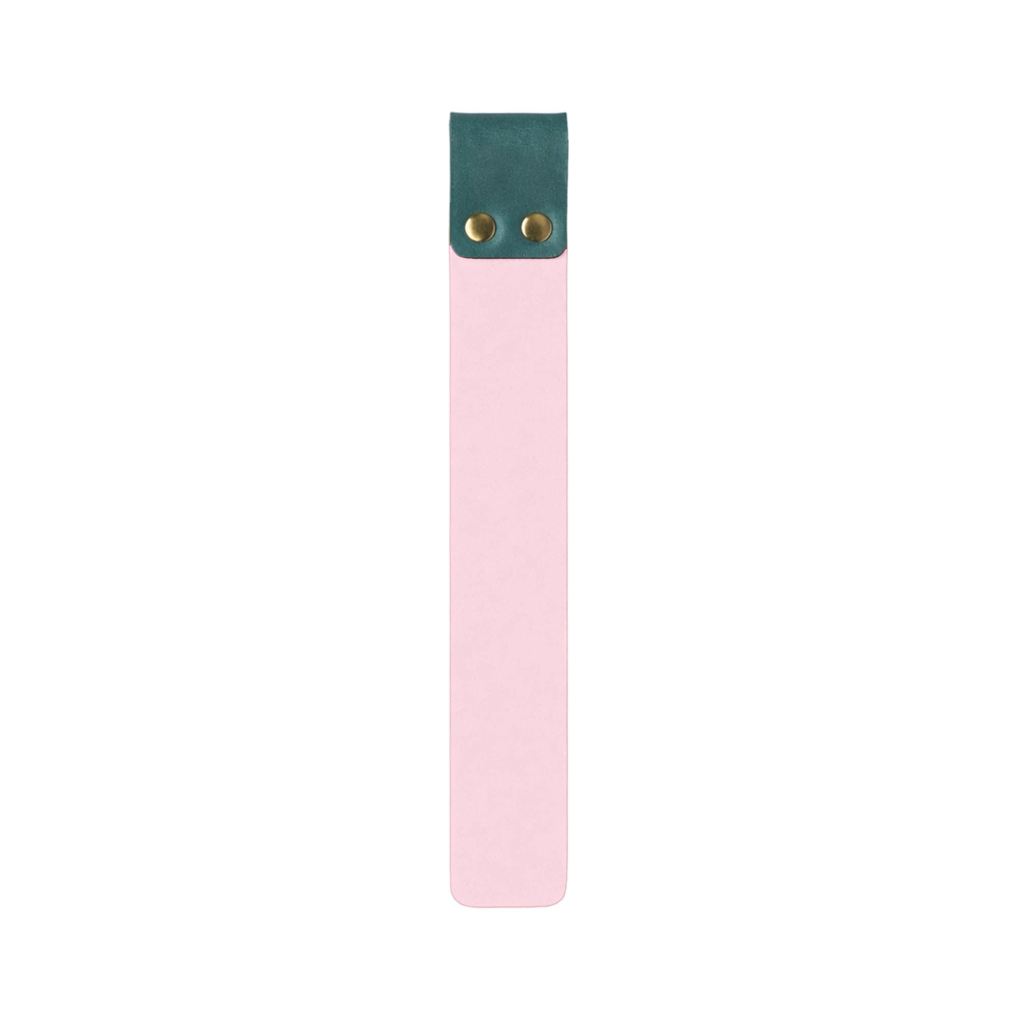 A customised PU bookmark in pink and green, featuring a button closure at the top.