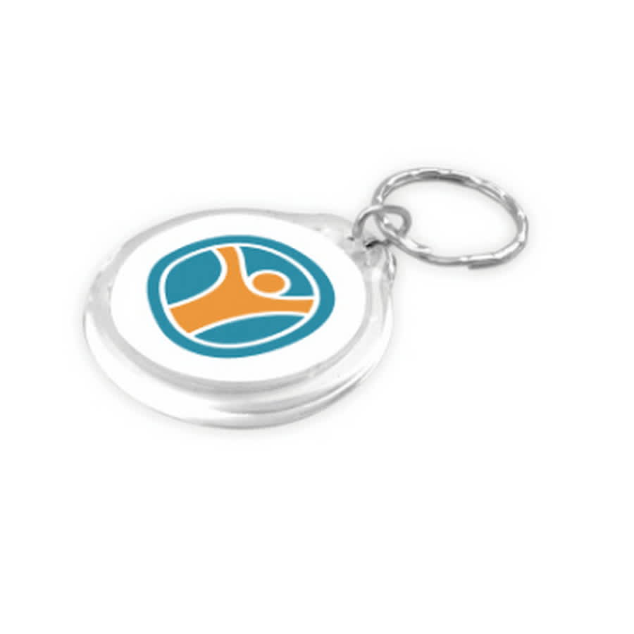 Round acrylic keyring featuring an orange and teal design, attached to a silver keychain.