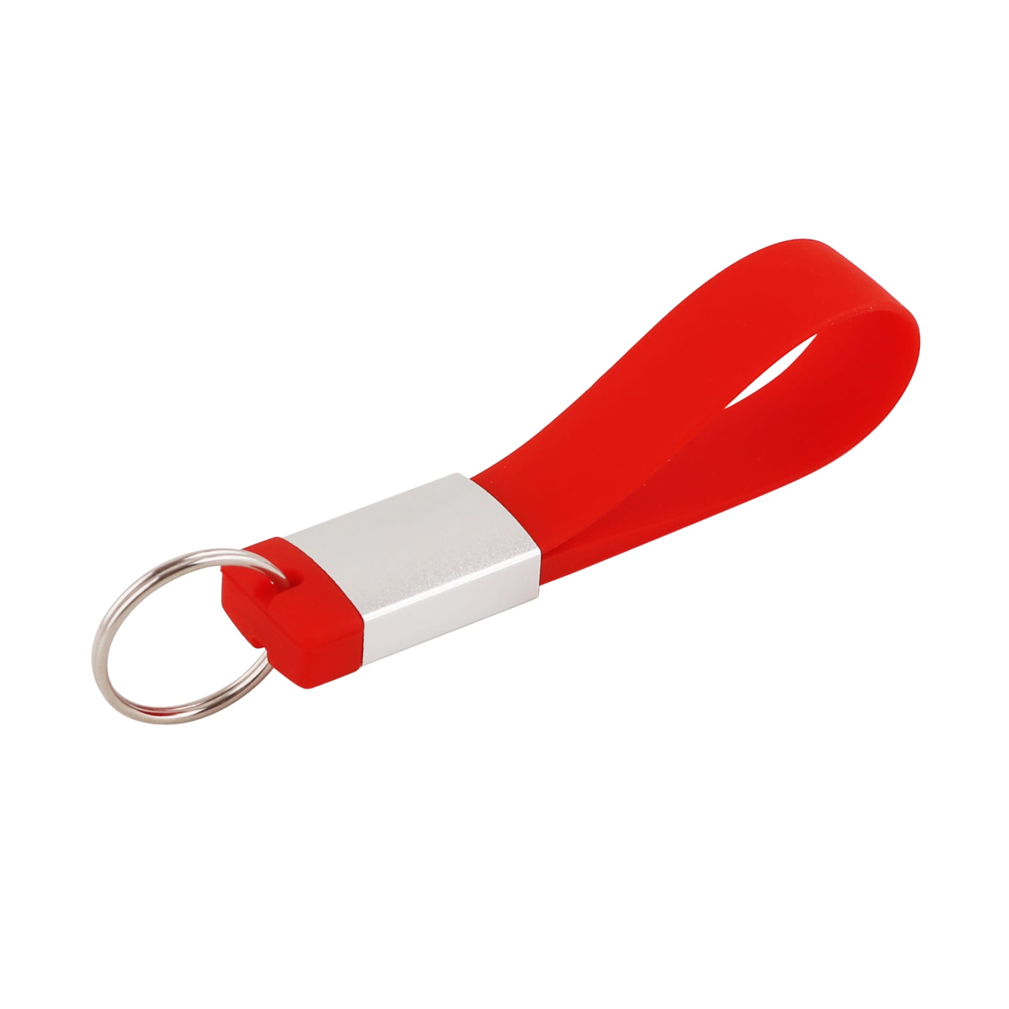 A red silicone tag flash drive with a silver metallic connector and keyring attachment.