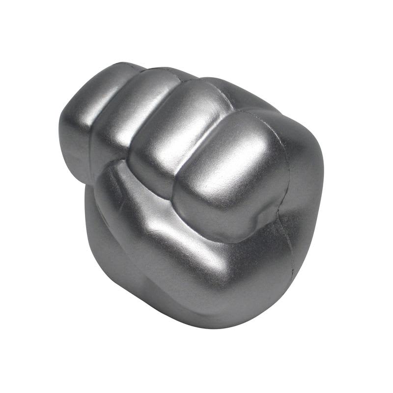 A silver clenched fist shape stress reliever with a smooth finish and rounded edges.