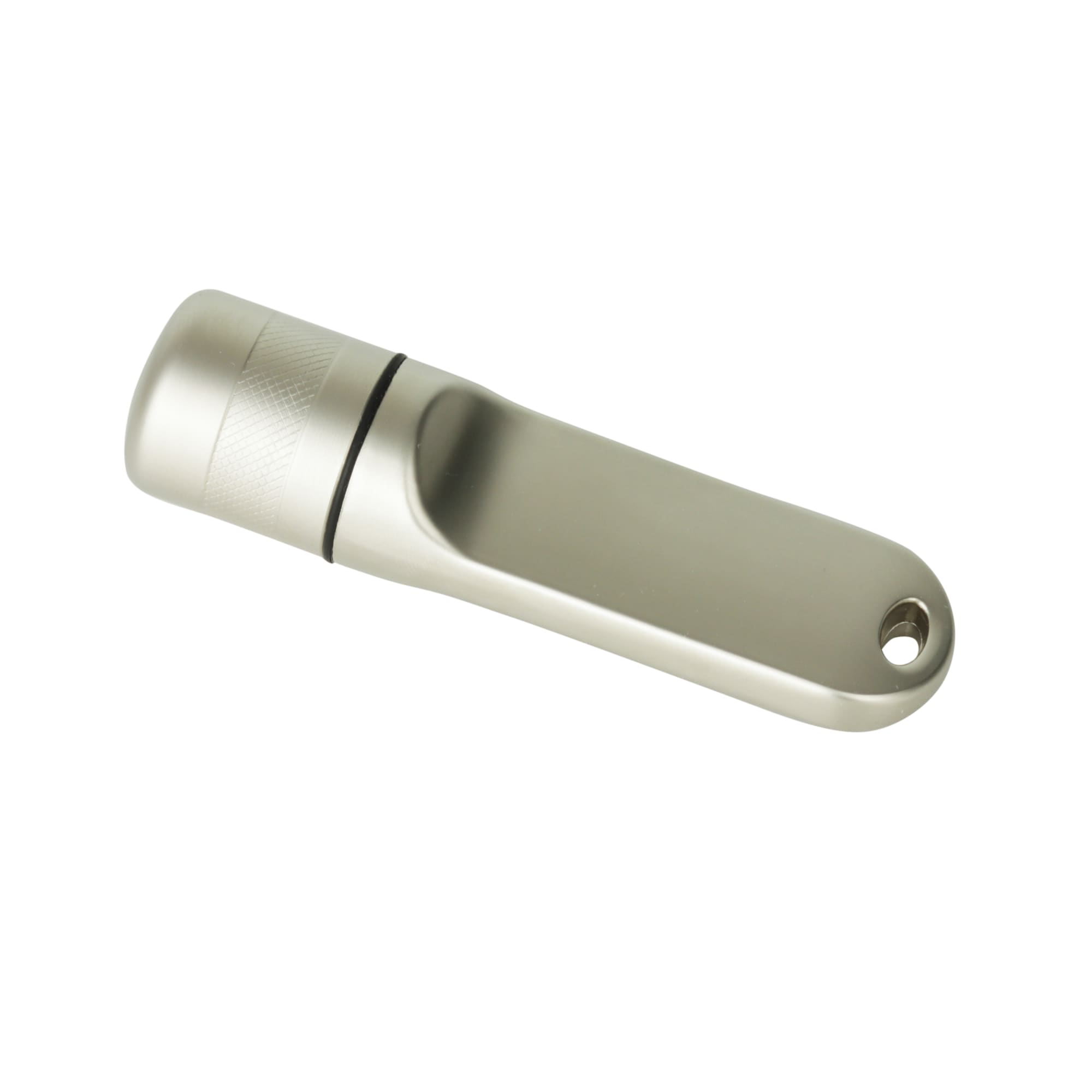 A silver flash drive with a sleek design and a loop for attachment. It features a subtle branding logo.