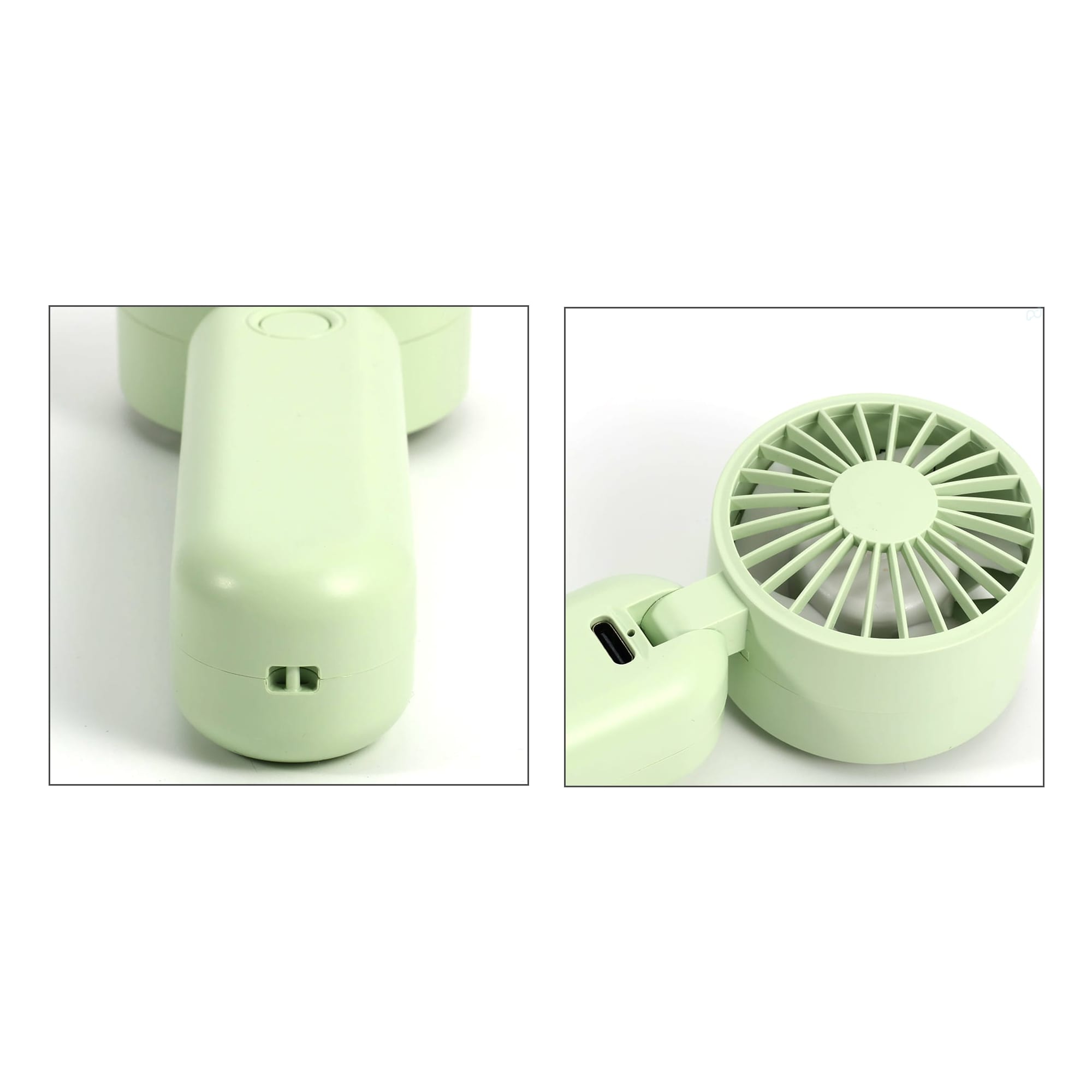 A foldable handheld fan in pale green, featuring a compact design with a visible logo and USB charging port.