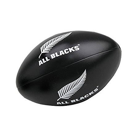 A black stress Australian football featuring a fern logo. The product is soft and rounded, designed for squeezing.