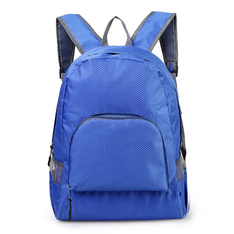 A blue backpack with a mesh texture, featuring two shoulder straps and a front pocket. It has a logo on it.