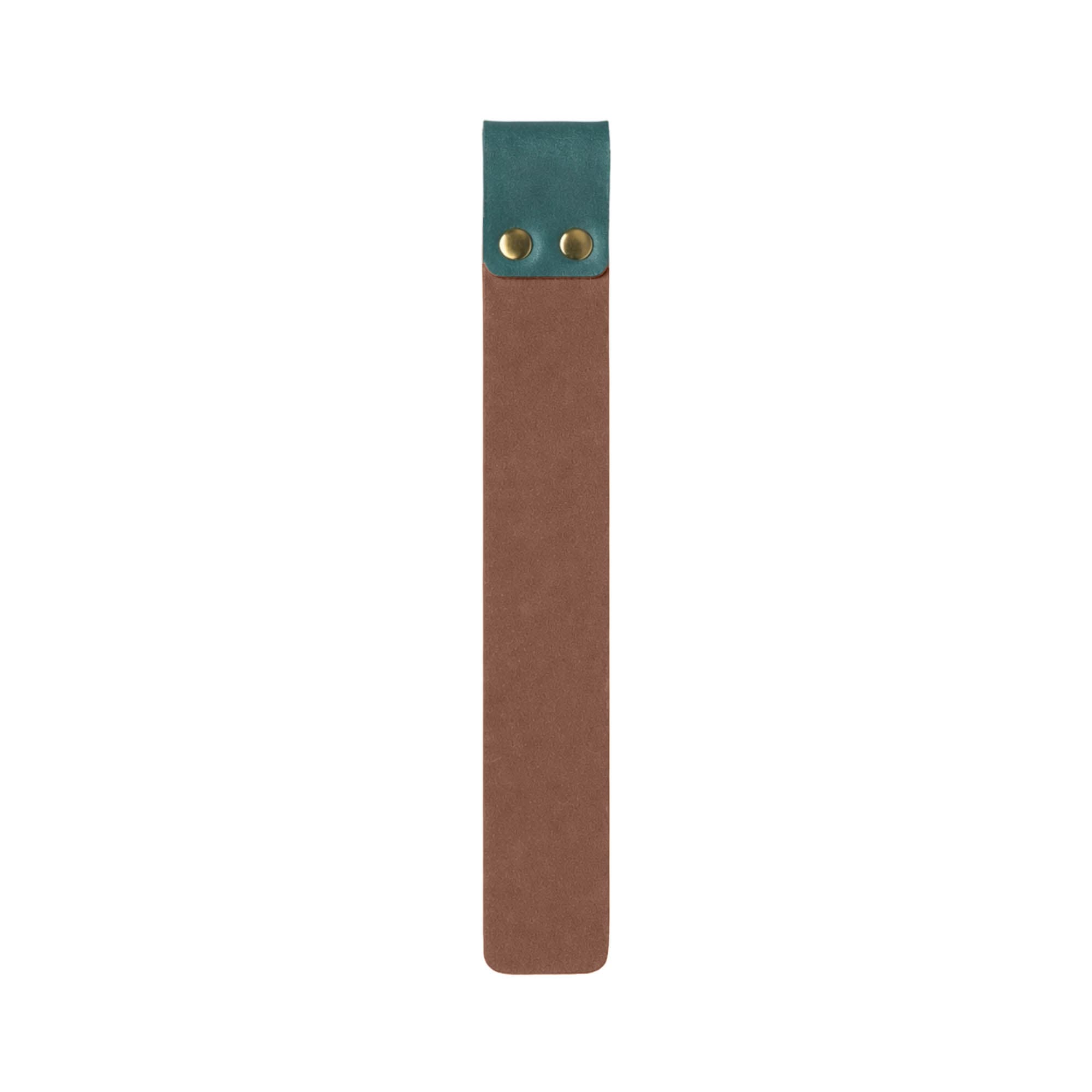 A custom PU bookmark in brown and teal, featuring two brass studs at the top.