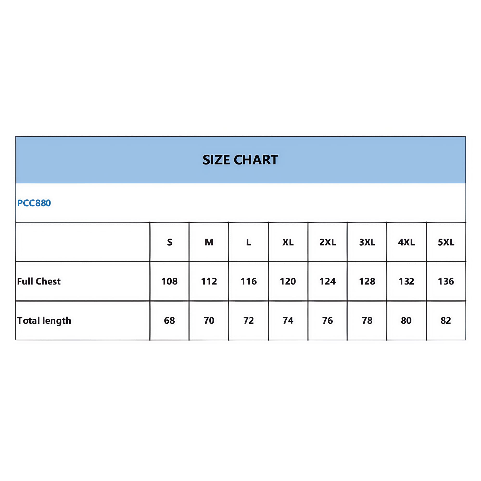 A size chart detailing measurements for a product, including full chest and total length dimensions in various sizes.