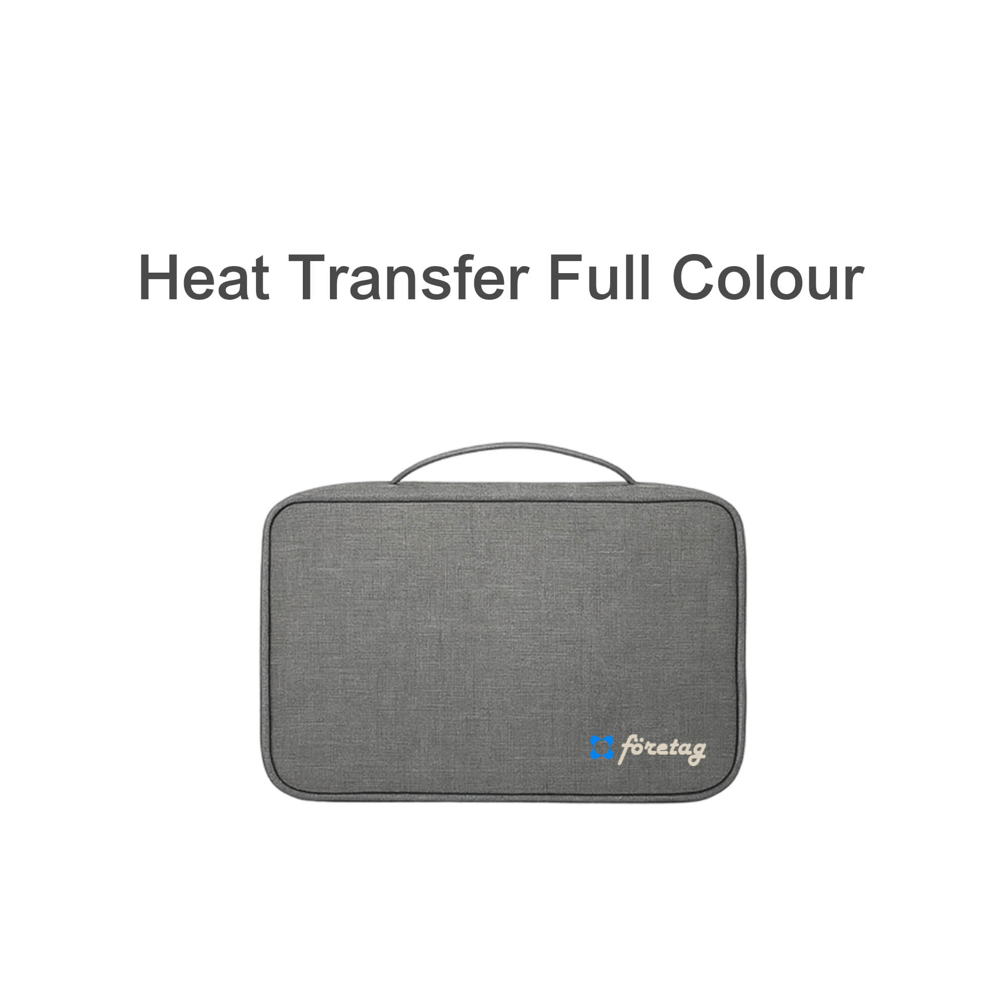 A grey portable hanging travel toiletry bag with a handle and a logo in the bottom corner.