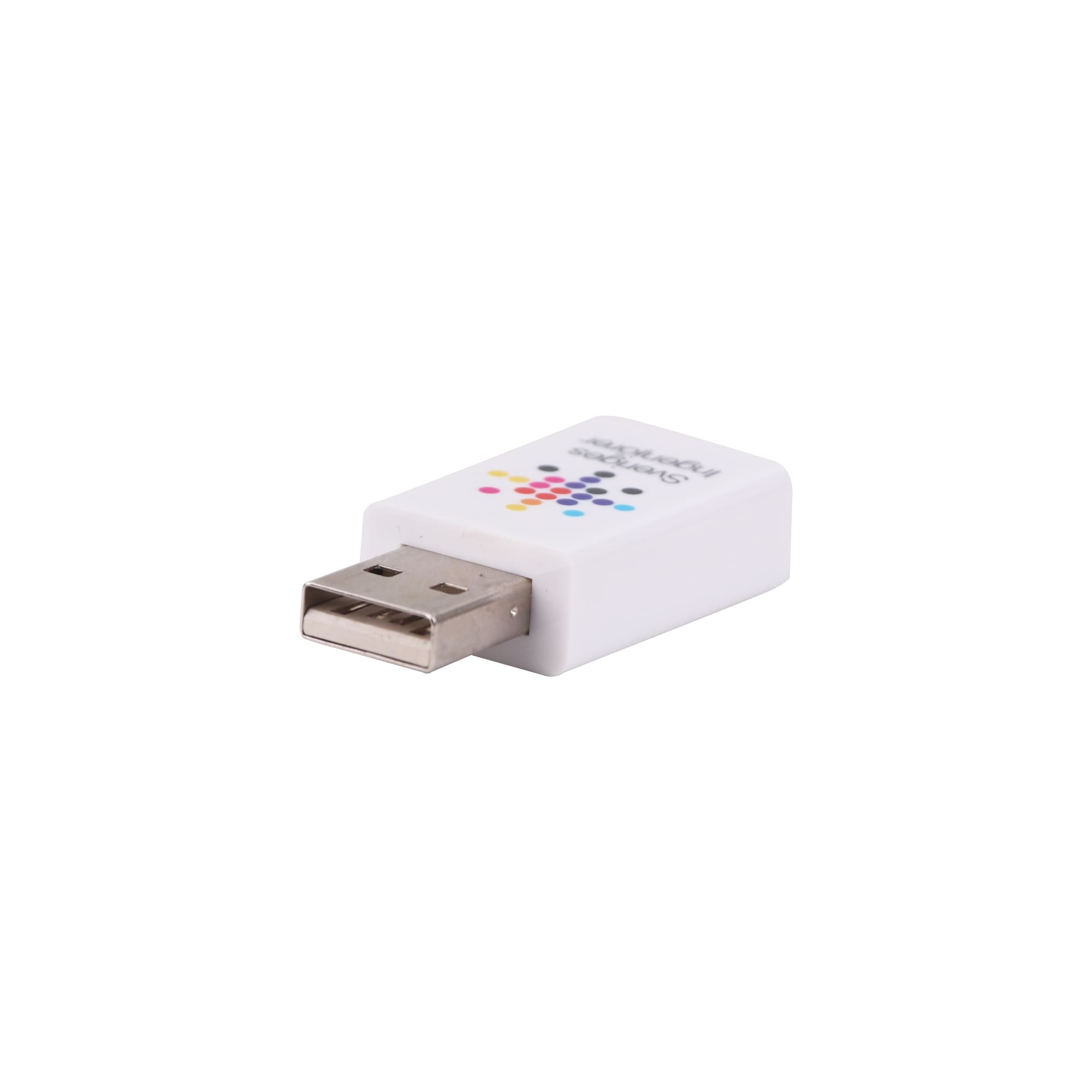 A white USB data blocker with a USB connector and a multi-coloured logo.