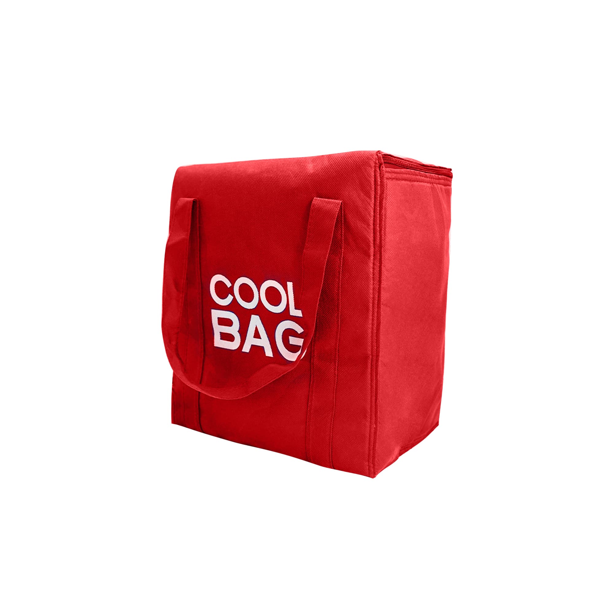 A red non-woven cooler bag with two handles and a logo on the front.