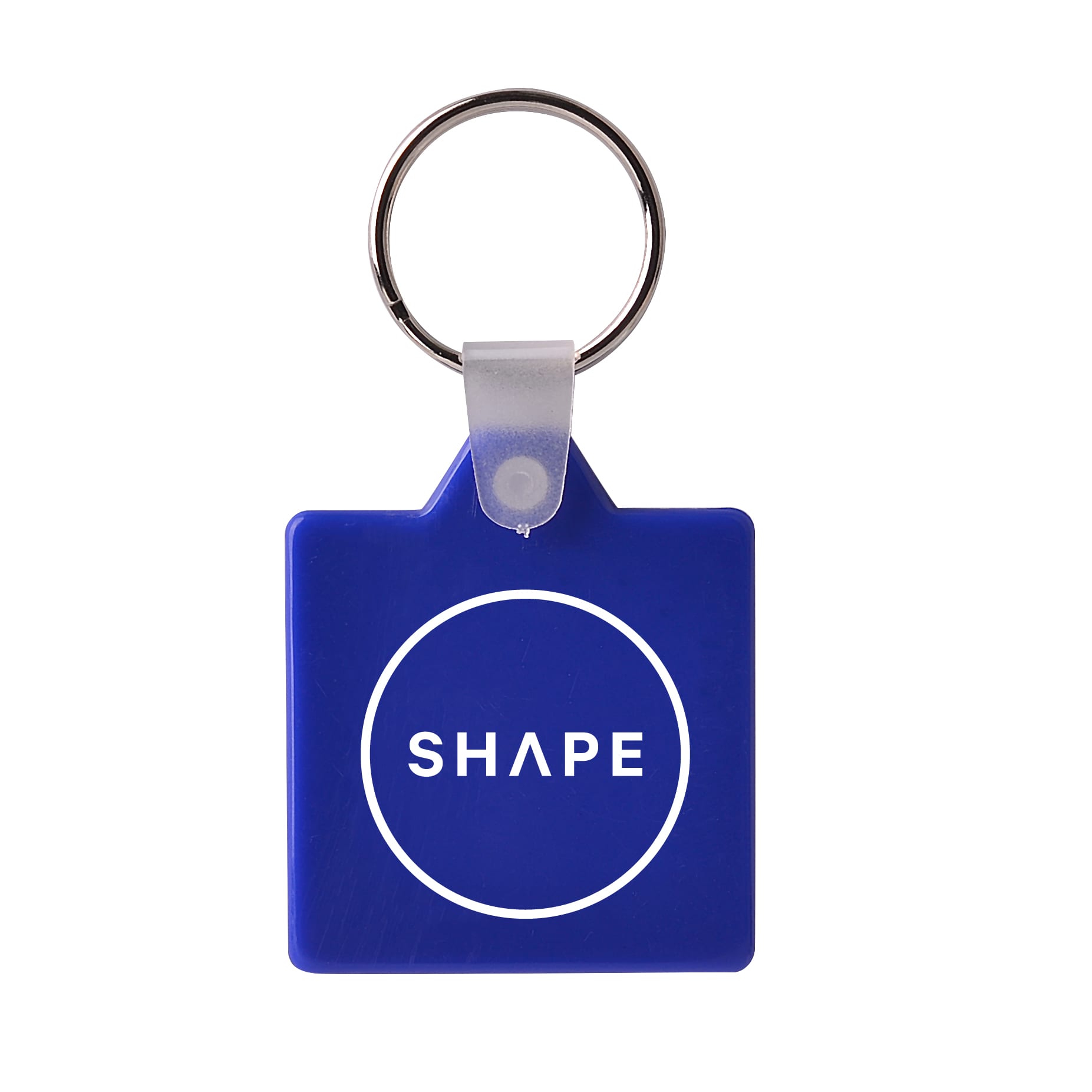 A square hard plastic keyring in blue featuring a circular design and a metal keyring attachment.