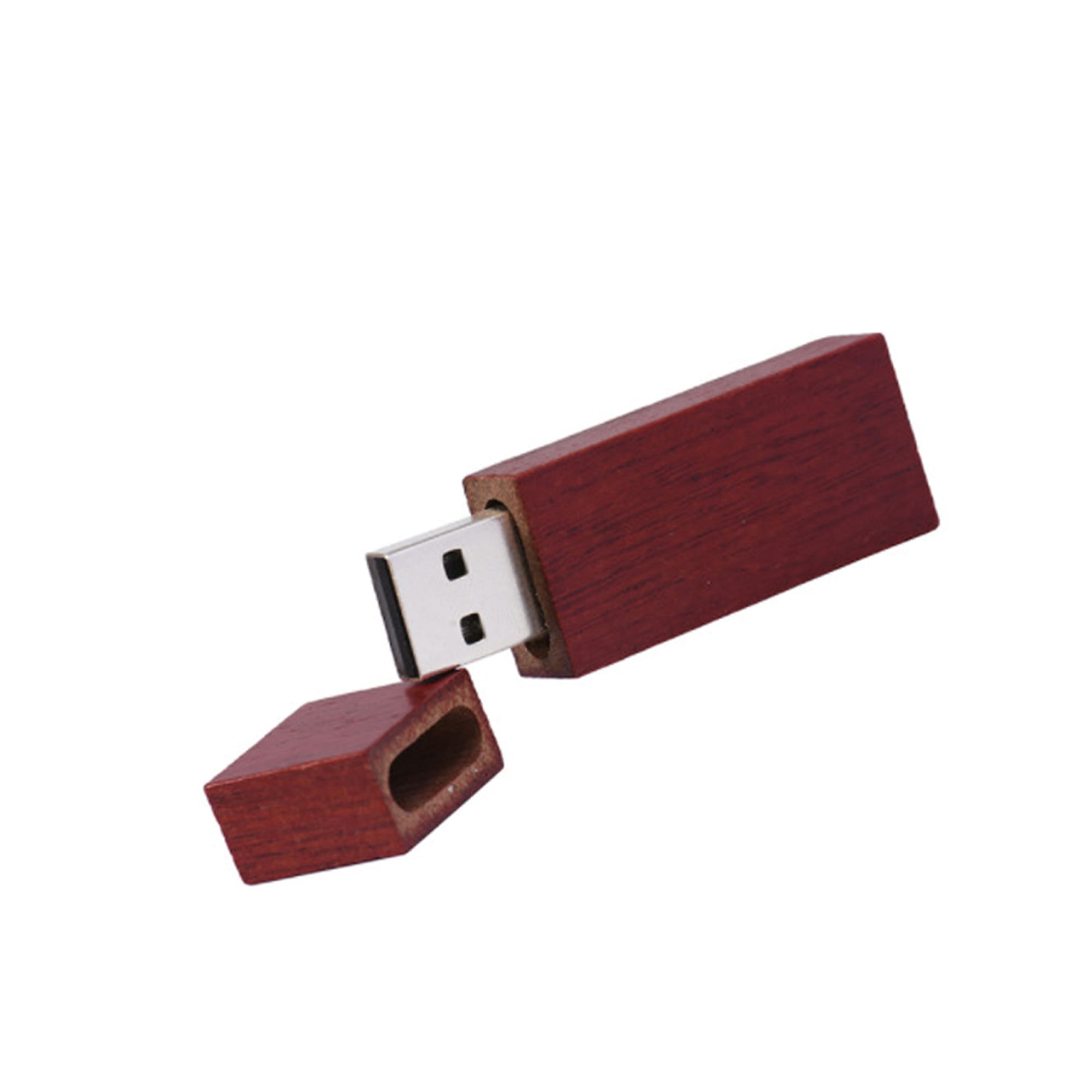 A wooden rectangular flash drive in a rich reddish-brown colour, featuring a removable cap and a metallic USB connector.