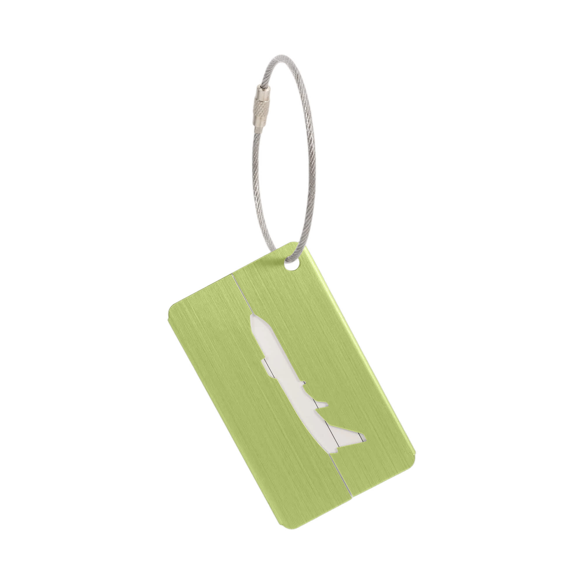 A green brushed aluminium luggage tag with a cable attachment and a plane-shaped cutout design.