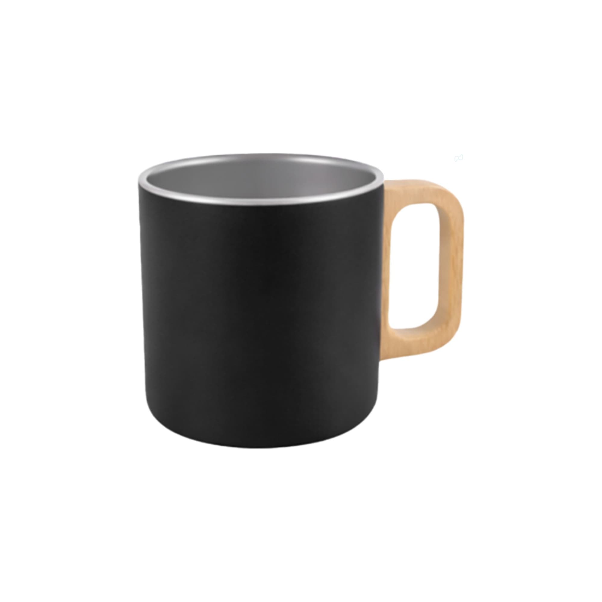 A black stainless steel insulated mug with a wooden handle, featuring a smooth finish and a simple design.