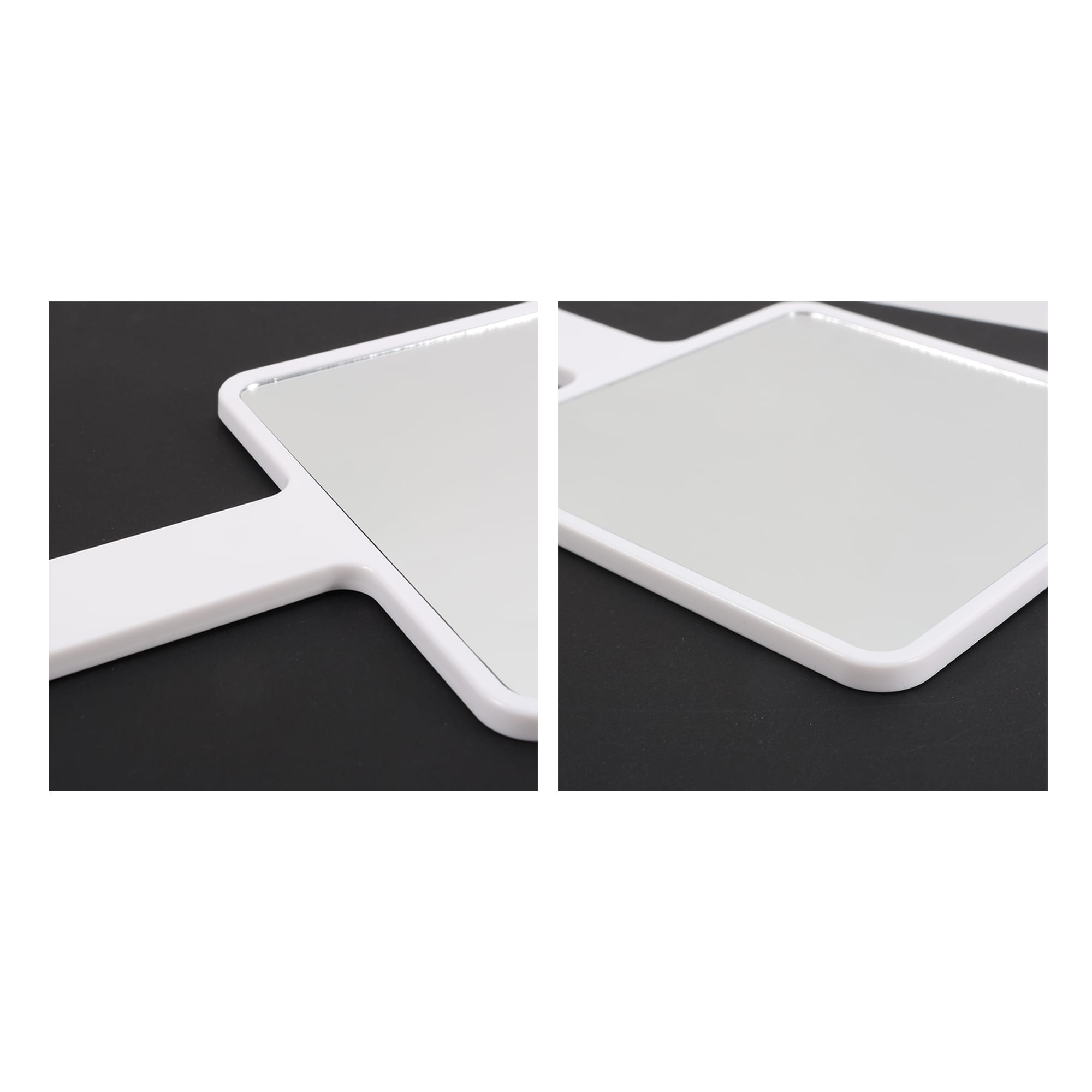 A handheld square mirror with a white frame, shown from two angles on a dark background.