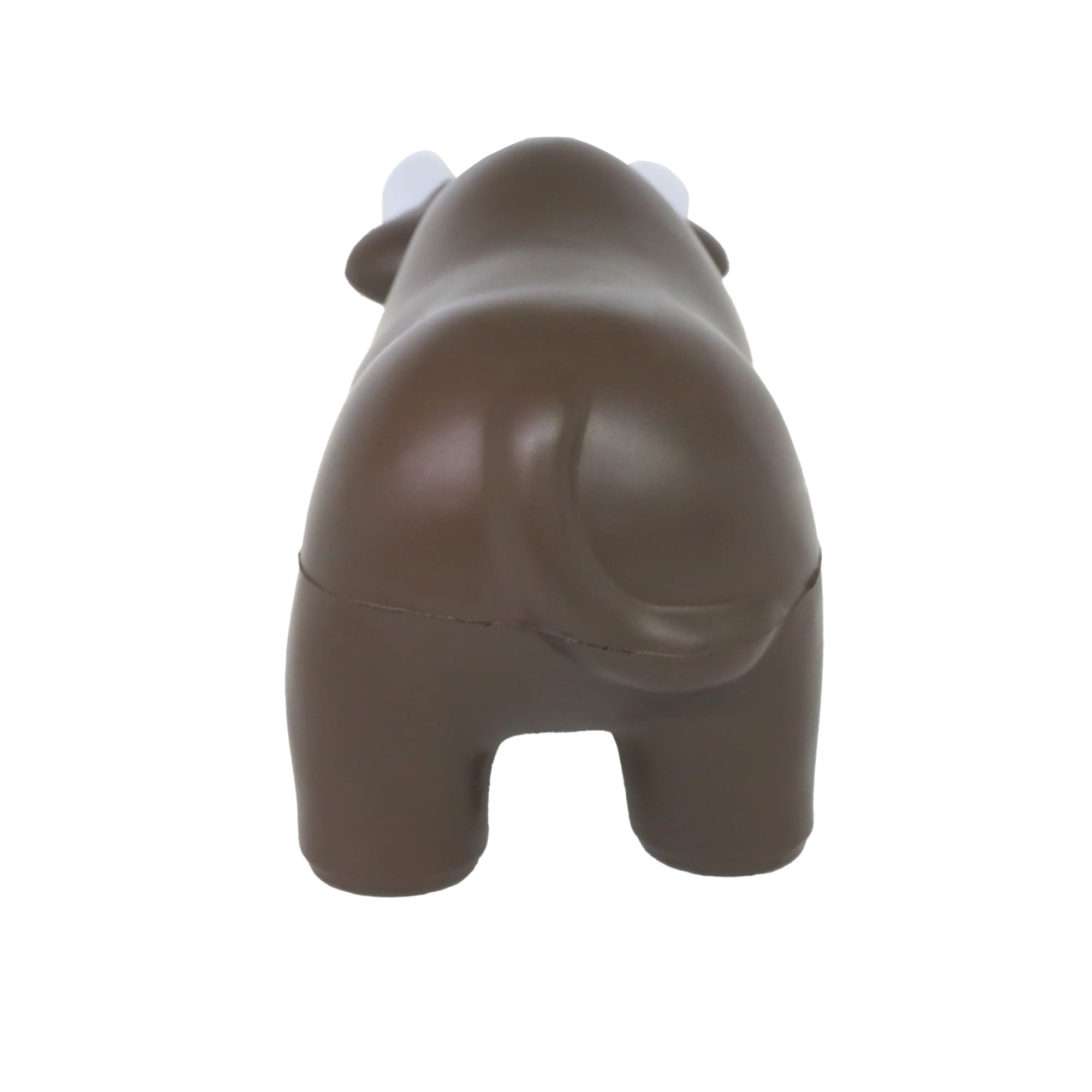 A brown bull-shaped stress reliever with white horns and a round posterior. It features a simplistic design and a branding logo.
