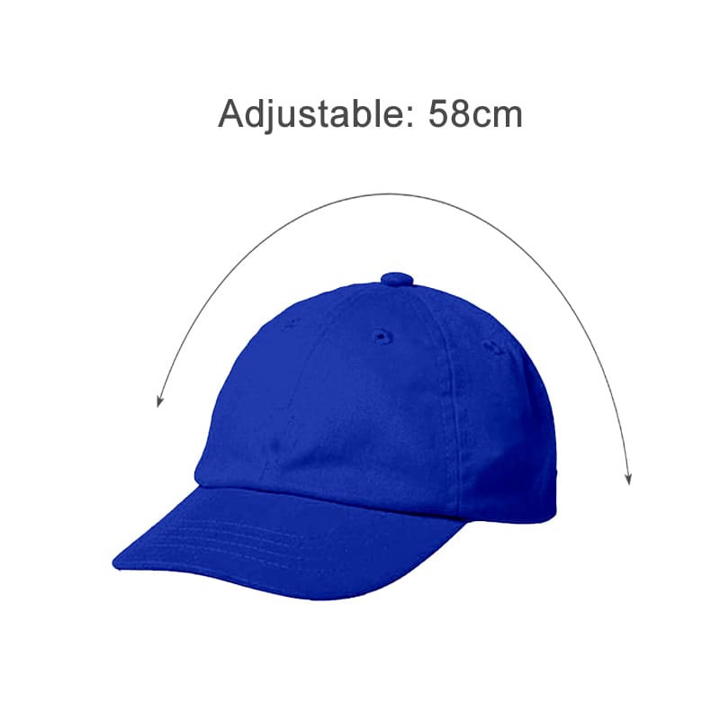 A blue adjustable cap with a curved visor and a central top button. It has a logo on the front.