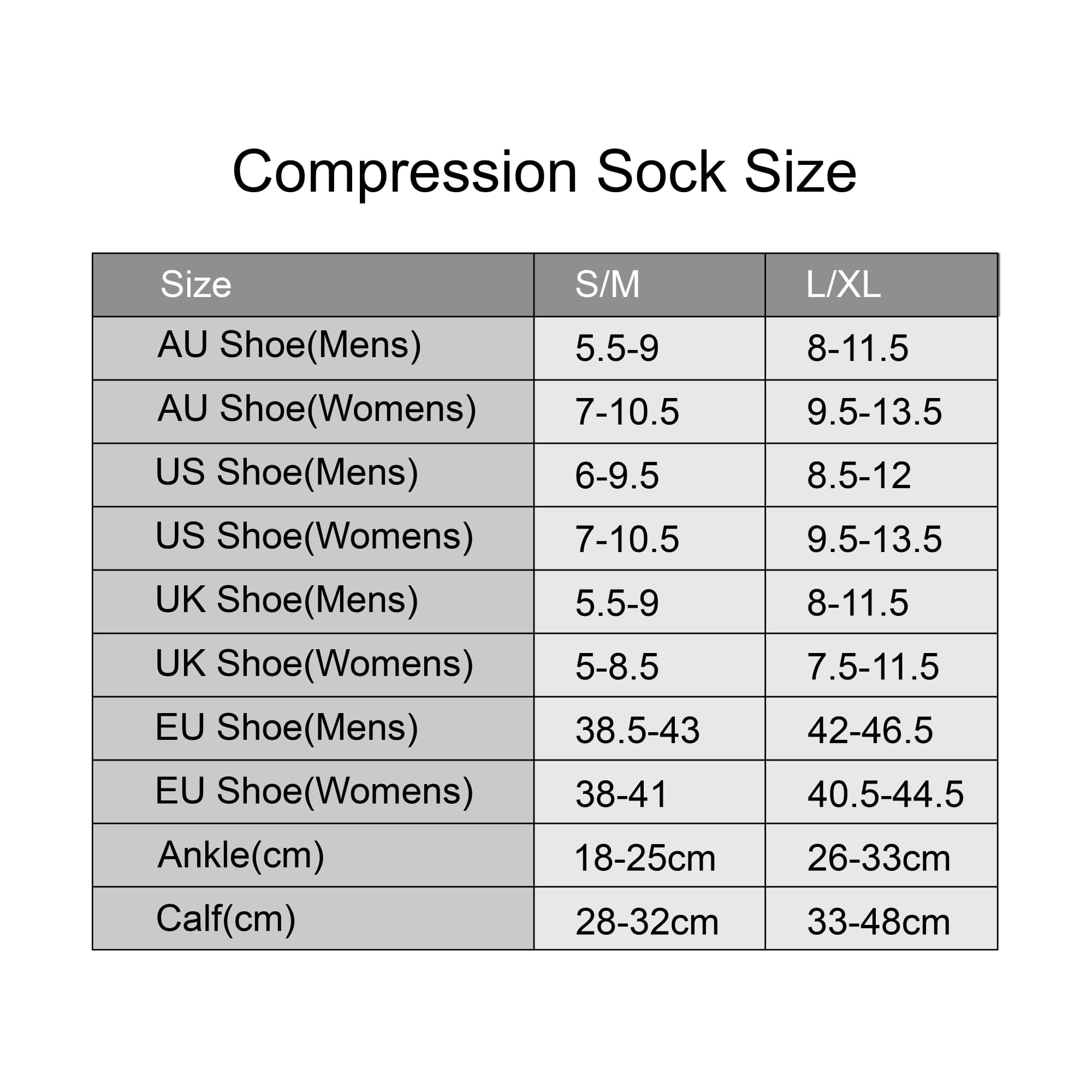 A chart displaying size information for Compression Socks in AU, US, UK, and EU measurements, featuring colour variations.
