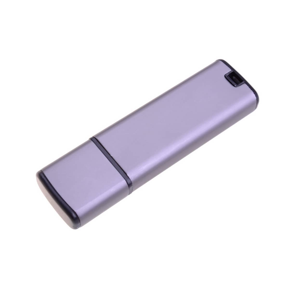 A silver and black flash drive with a sleek, modern design and a logo on the surface.