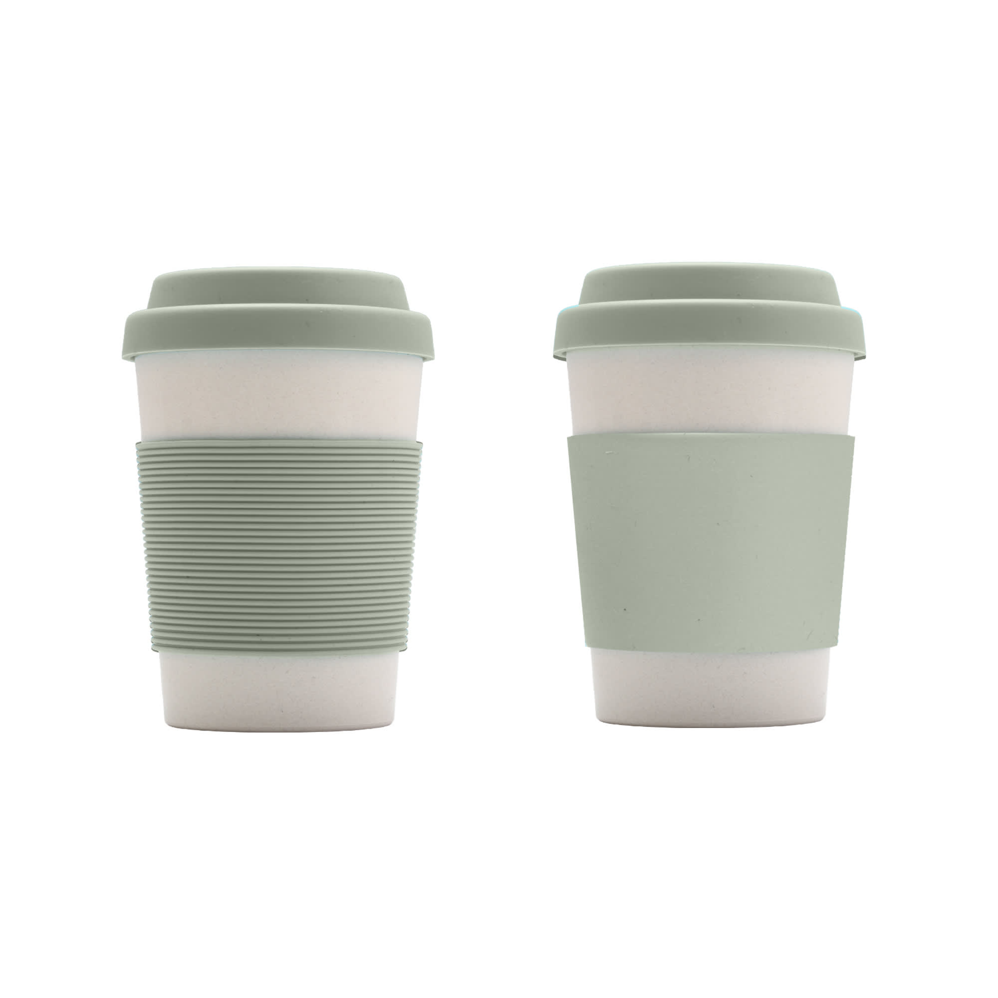 A drink bottle styled coffee cup in pale green, made from bamboo fibre with a silicone lid and sleeve, featuring a logo.