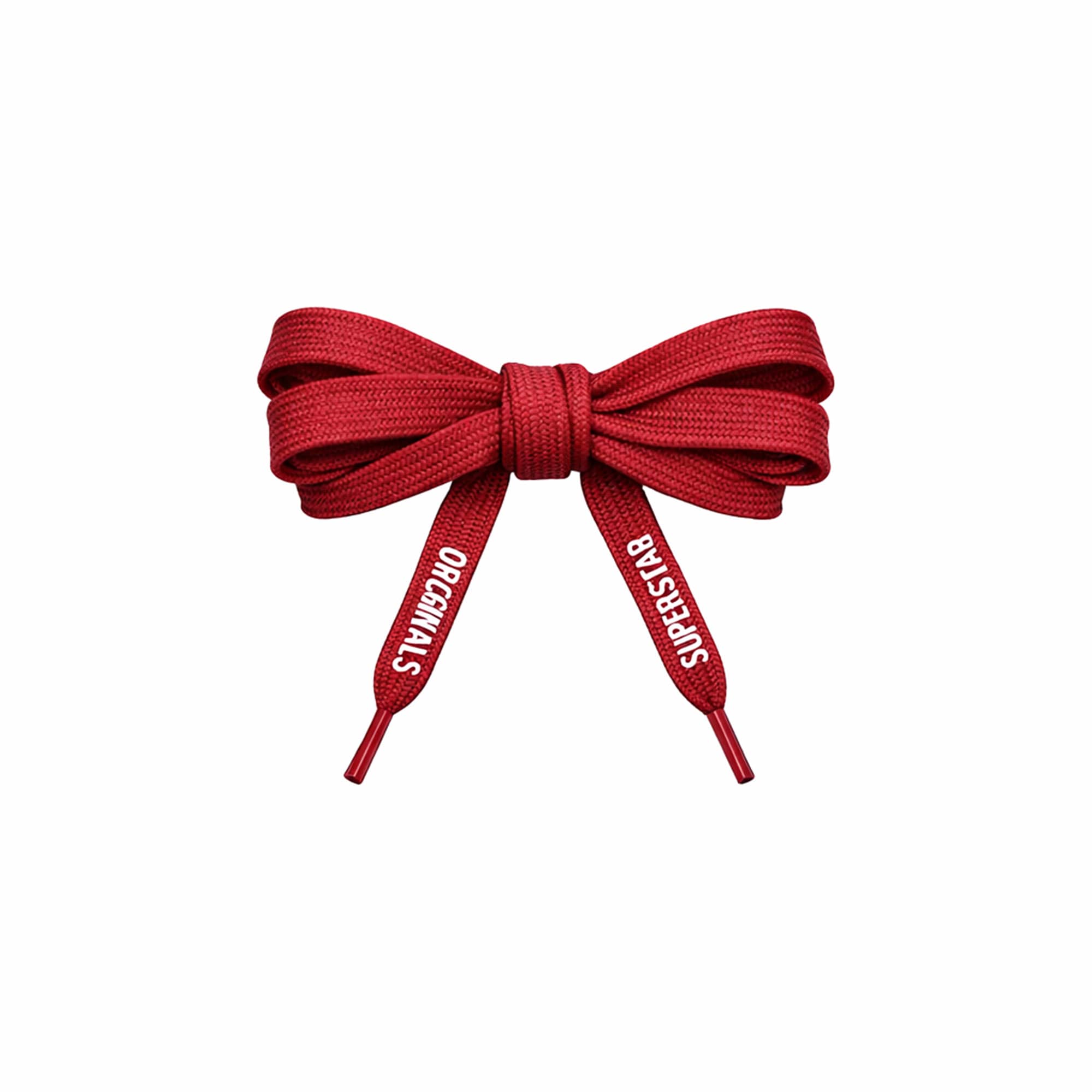 A set of red custom shoelaces tied in a bow, featuring branding on the ends.