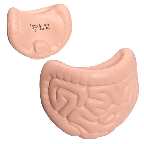 A pink intestines-shaped stress reliever with a textured surface, featuring a branding logo.