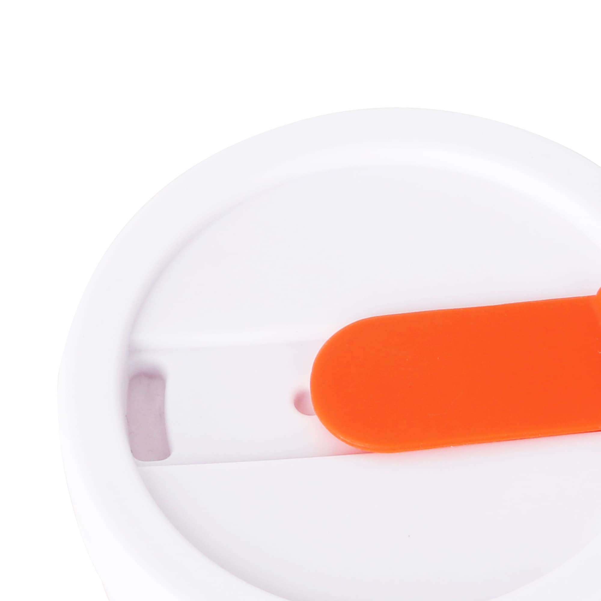 A collapsible silicone coffee cup in white with an orange lid. Features a logo on the body.
