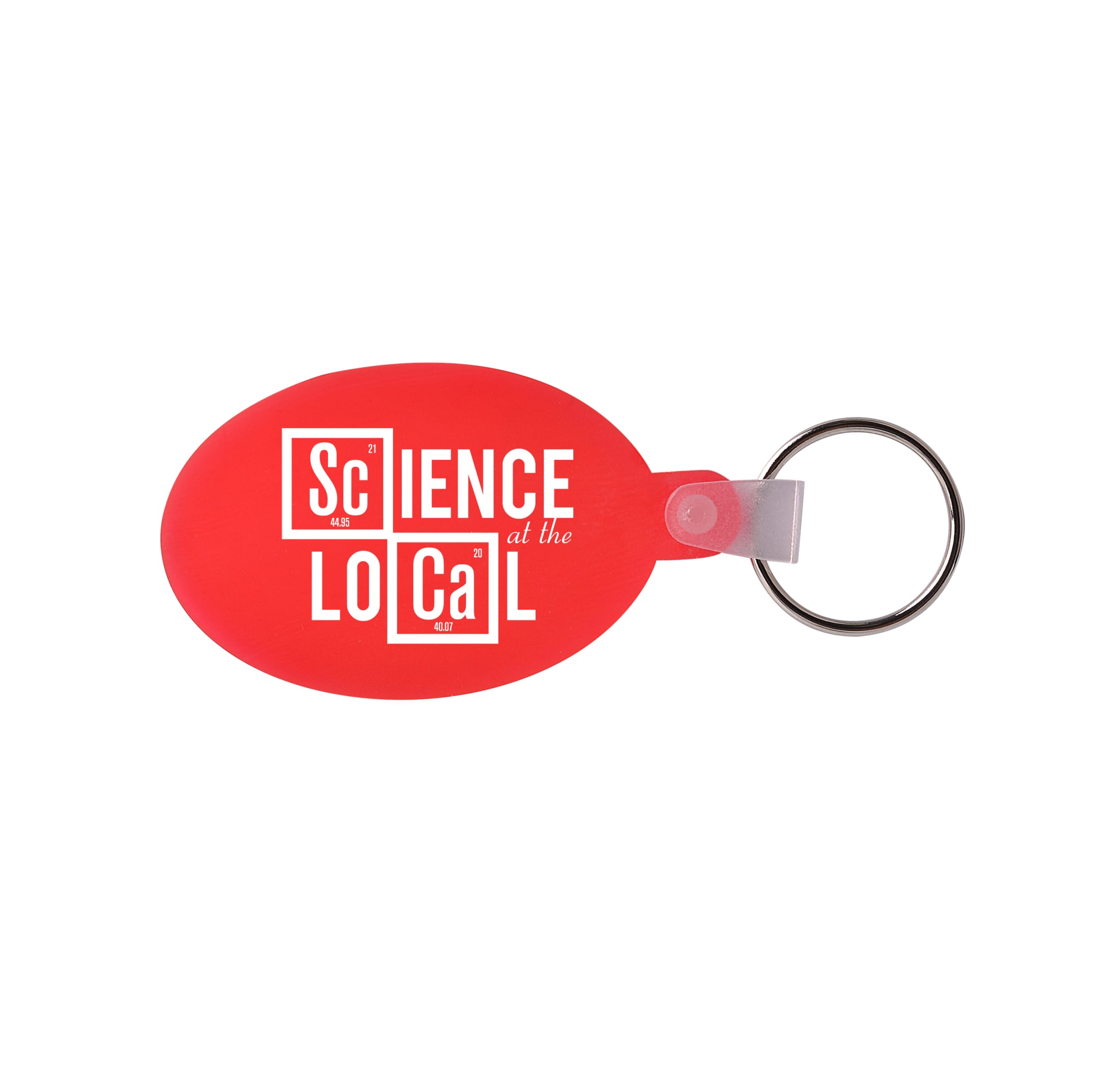 A red oval keyring with a keychain attachment, featuring a logo design.