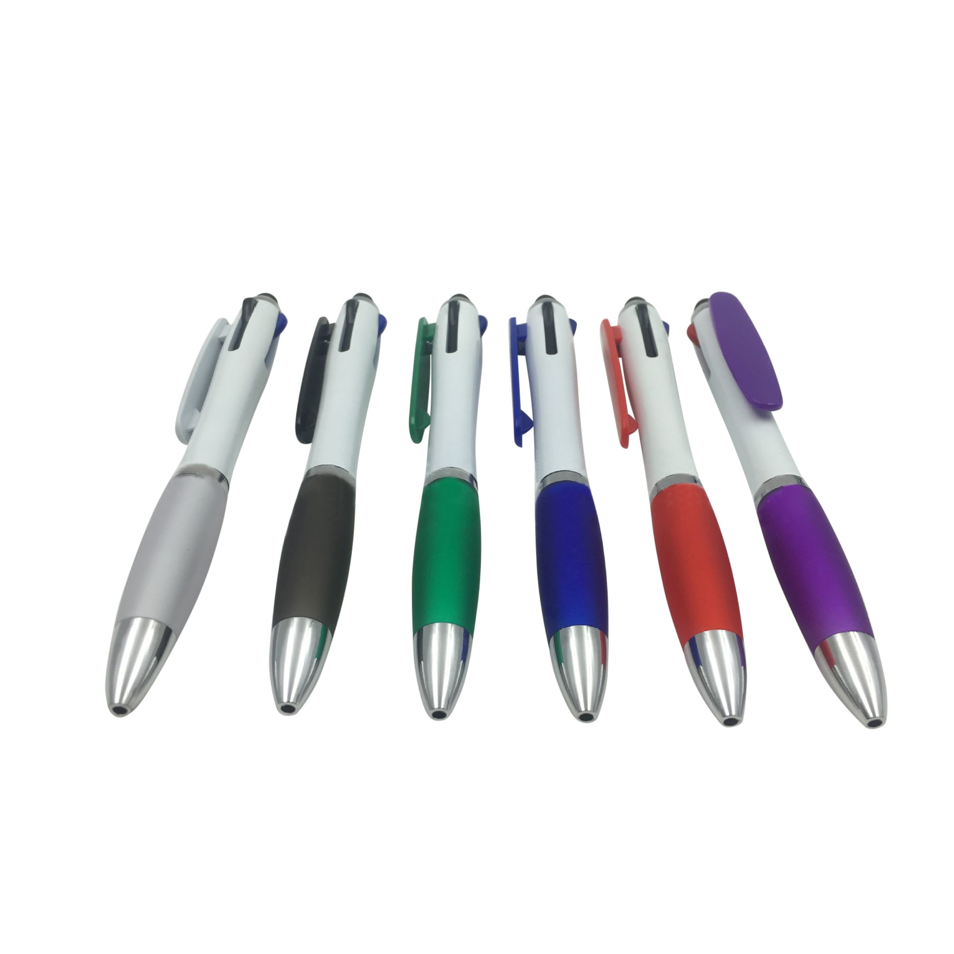 A collection of six plastic ball pens in silver, black, green, blue, red, and purple with silver accents and branding.