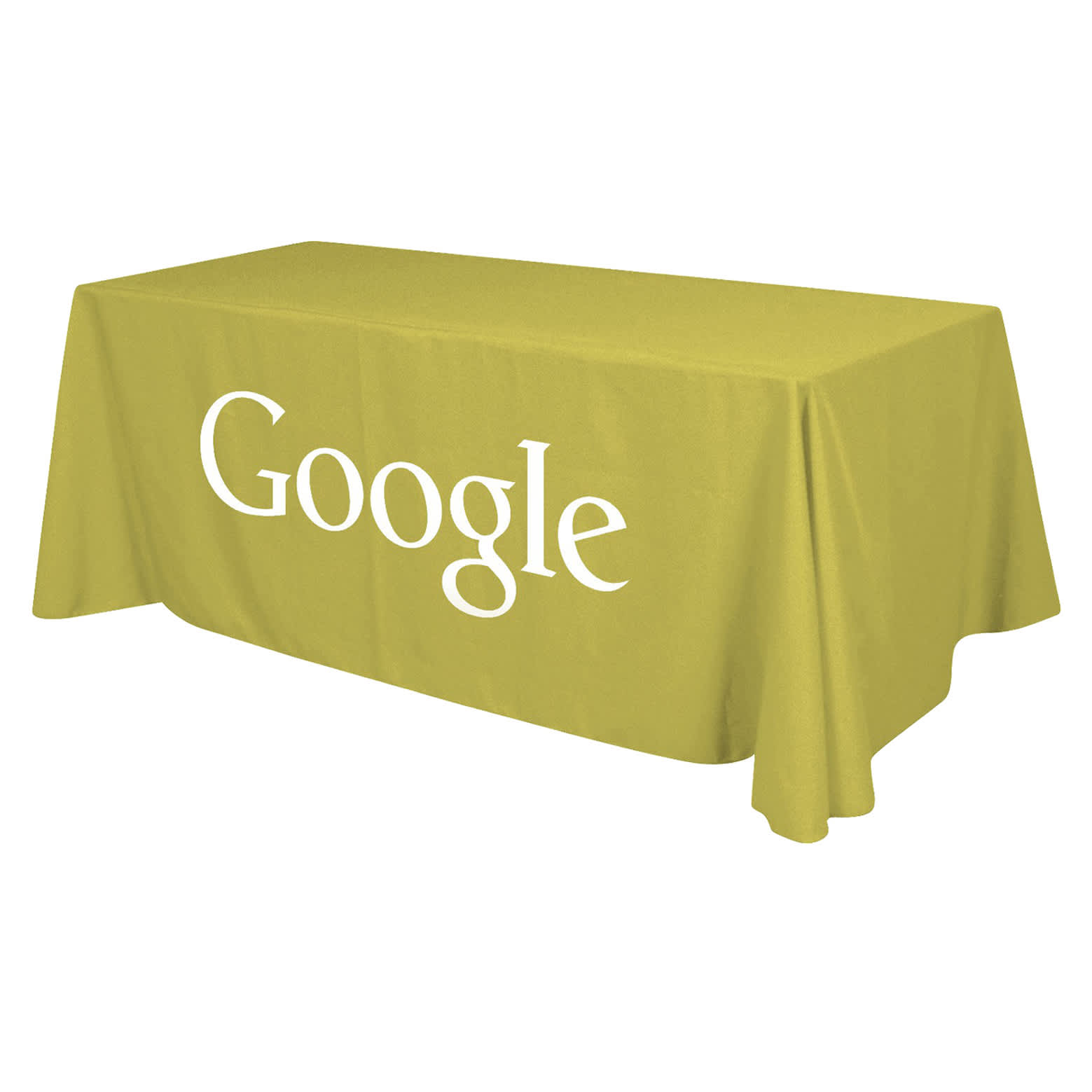 A green 3-sided throw tablecloth designed for an 8ft table featuring a logo.