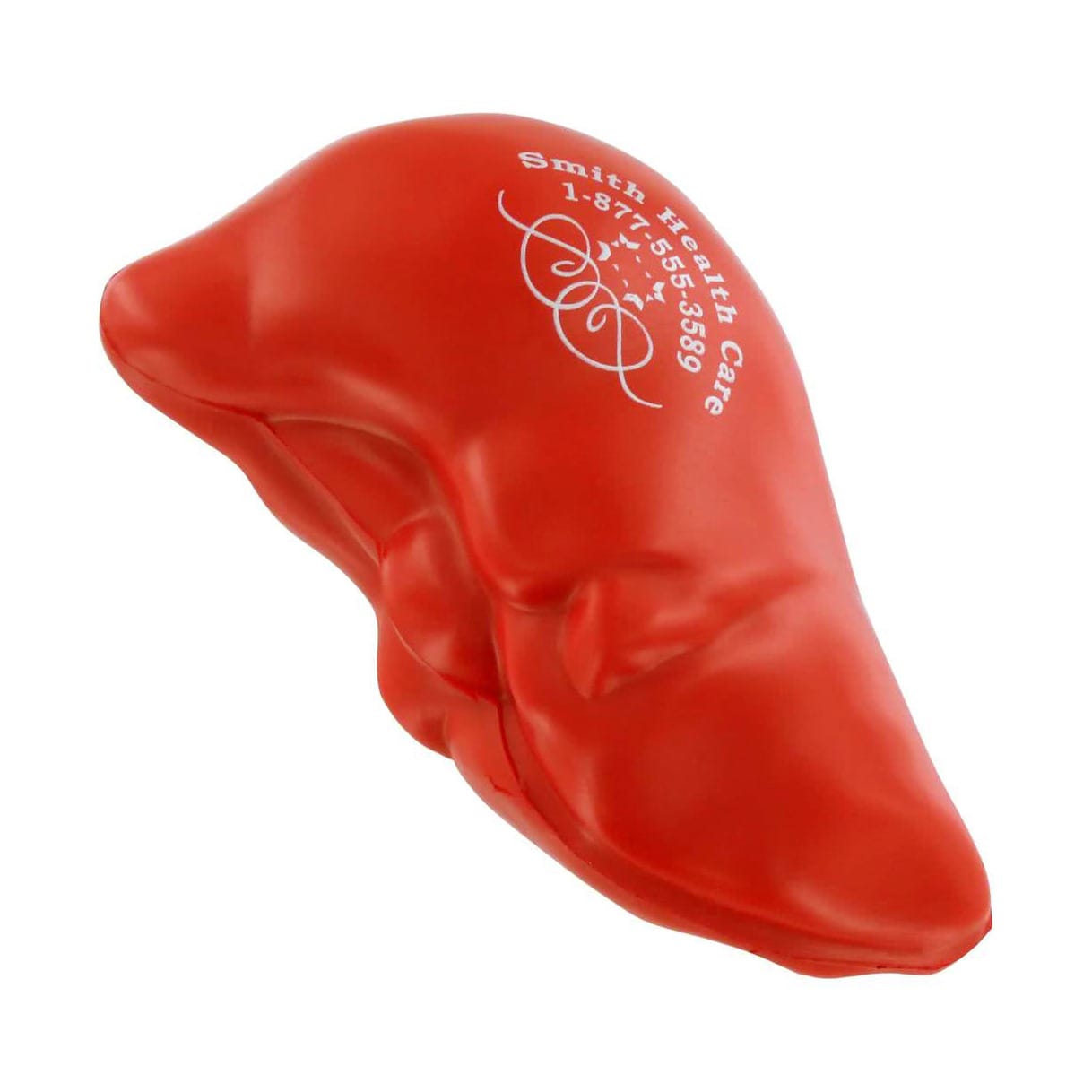 A red liver-shaped stress reliever with a logo on its surface, designed as a keyring.