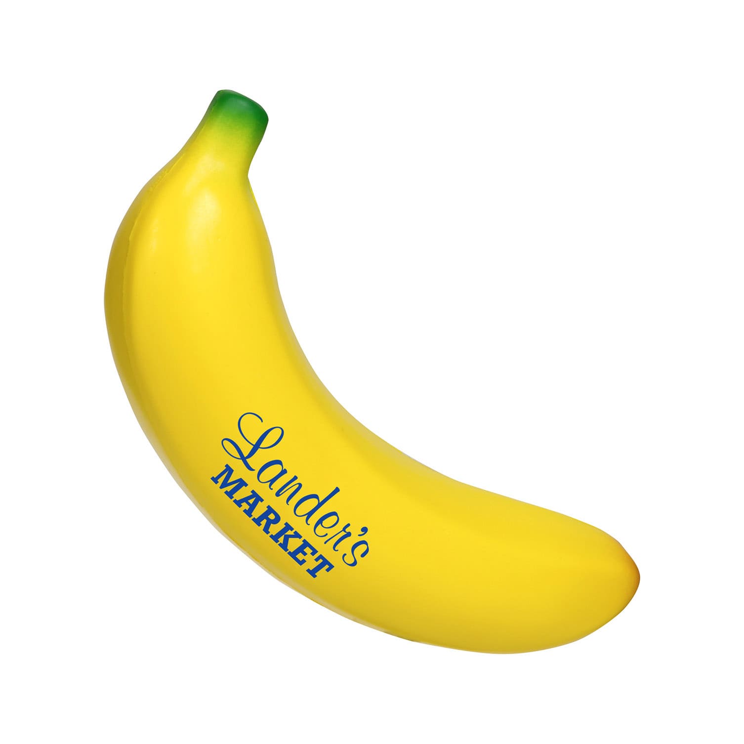 A yellow banana-shaped stress reliever with a green top and a logo printed on the side.
