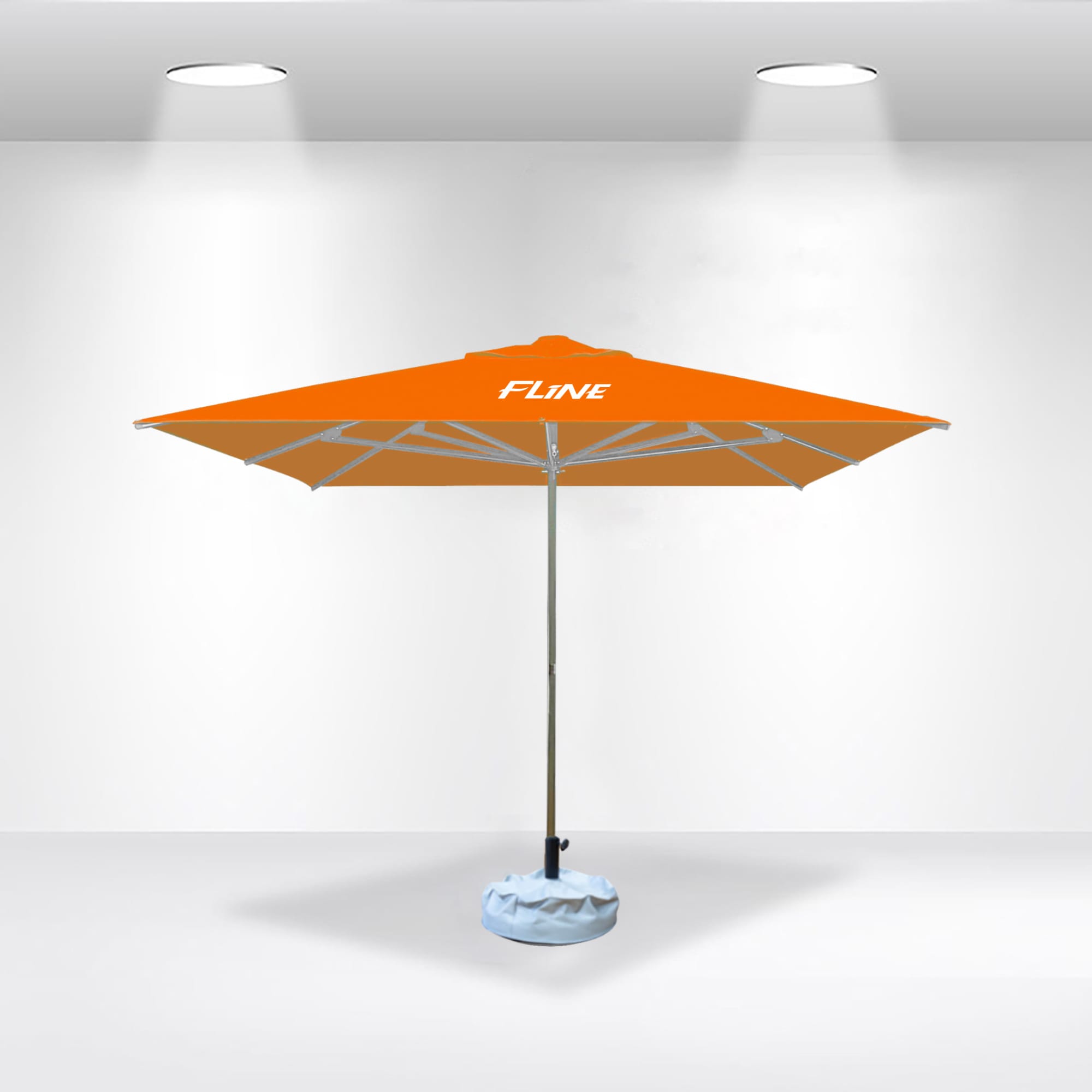An orange commercial market umbrella with a white base and a logo. Features a square design and sturdy structure.