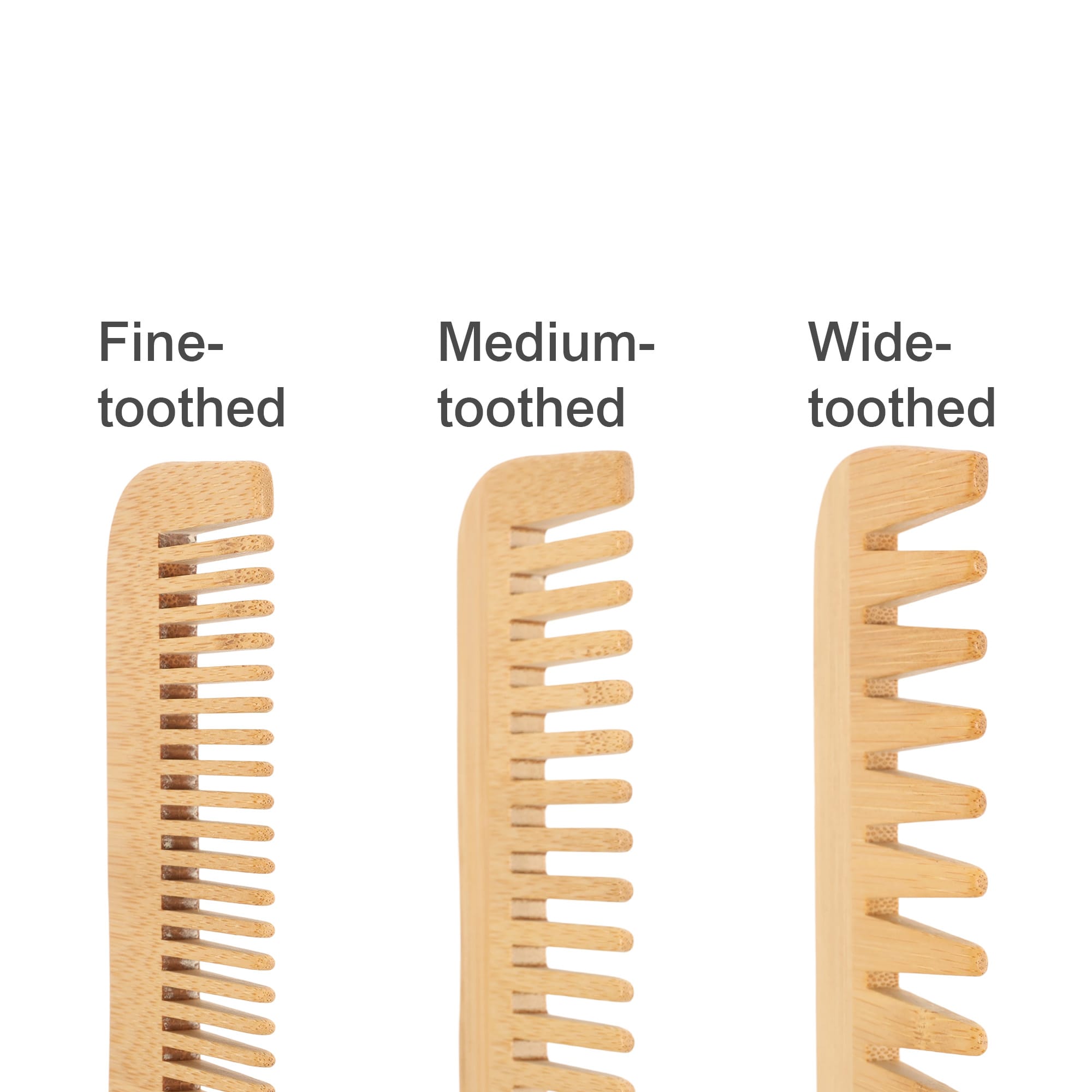 A set of three eco-friendly bamboo combs: fine-toothed, medium-toothed, and wide-toothed. Each comb displays a natural bamboo colour.