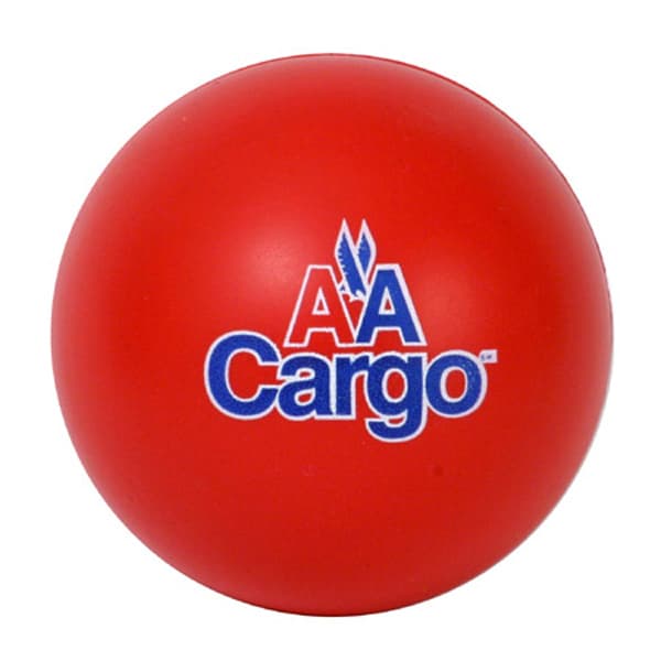 A red, spherical stress ball featuring a logo. It has a smooth surface and a bright colour.