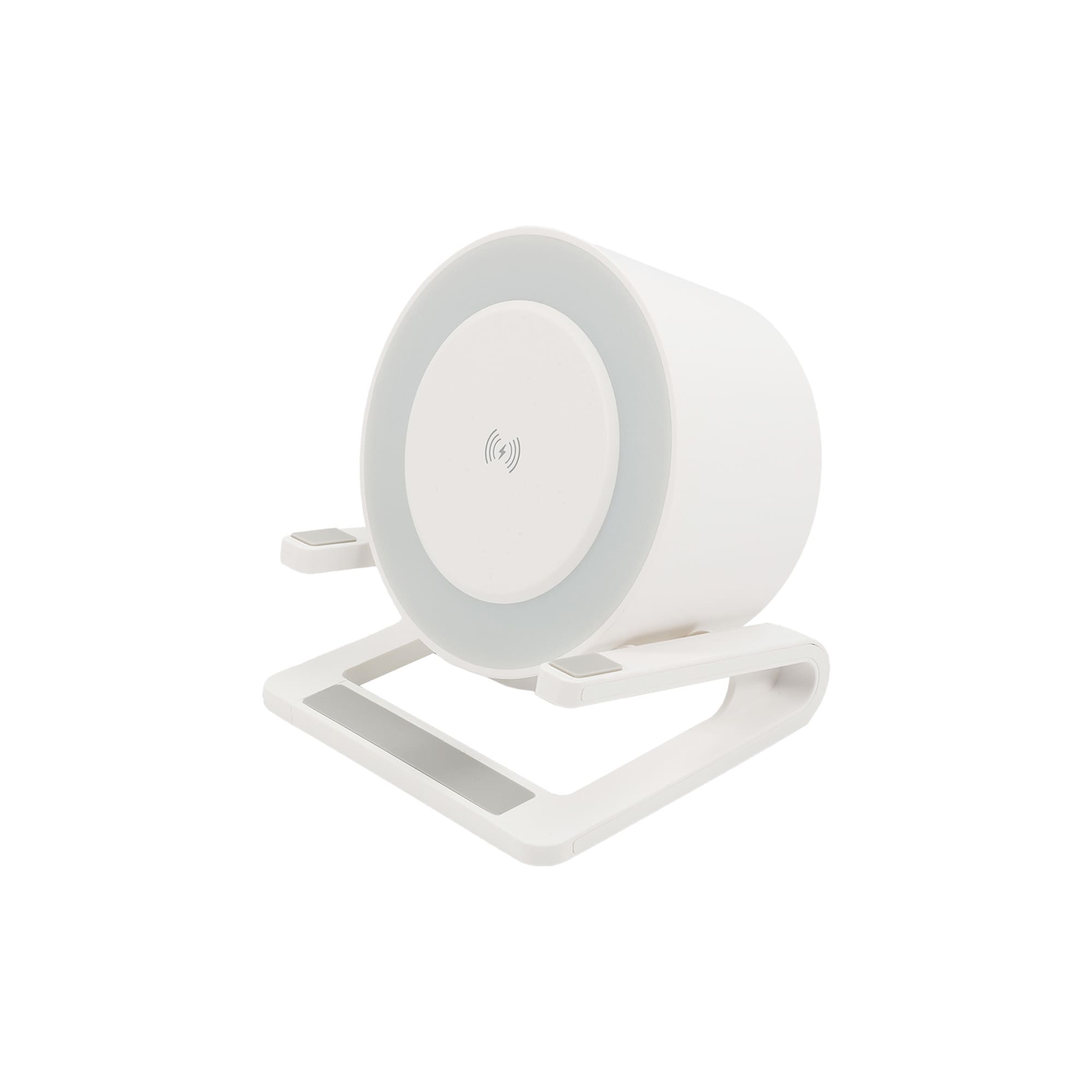 A white night light speaker with a wireless charging base, featuring a sleek design and subtle branding.