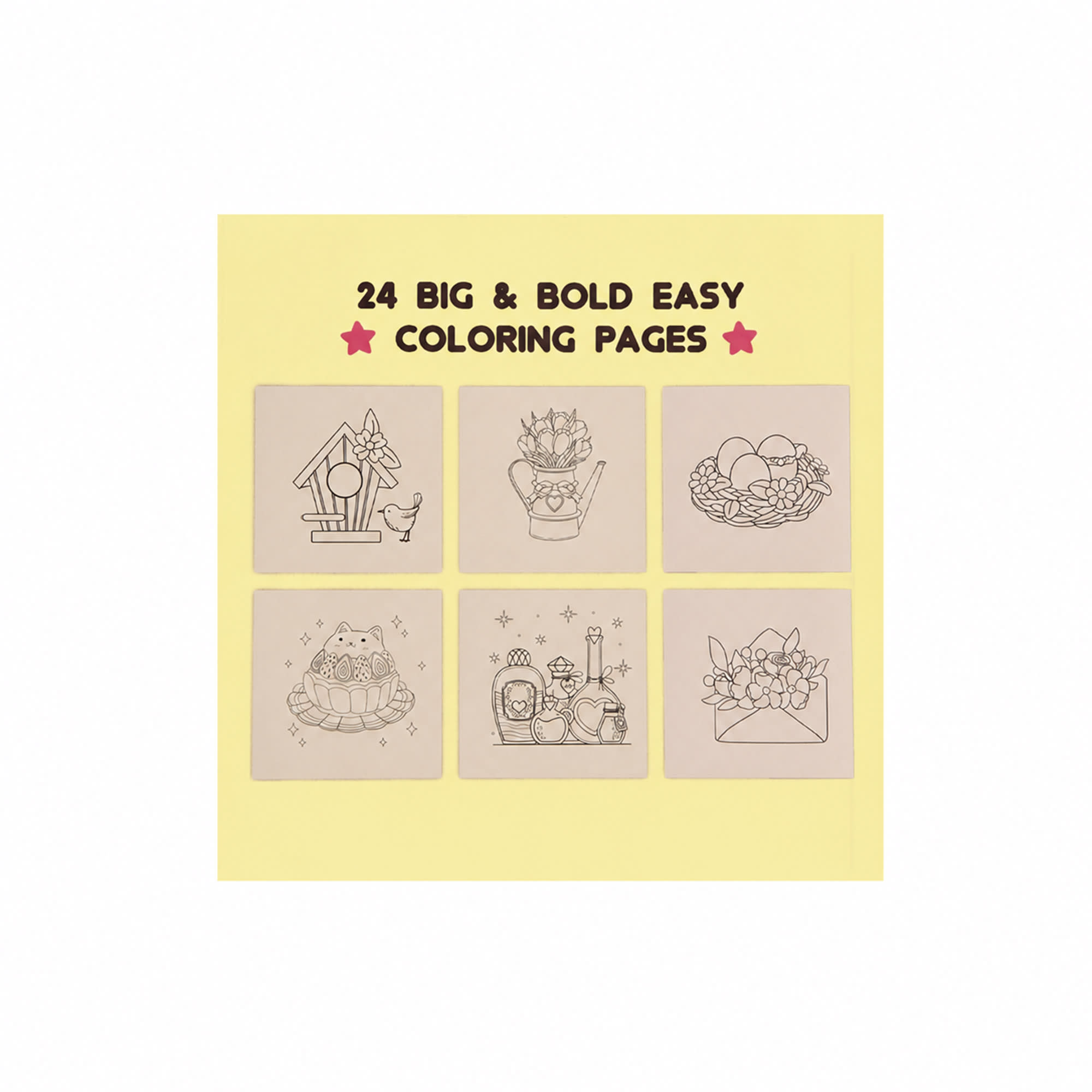 A collection of six bold outlines for colouring pages featuring a birdhouse, watering can, eggs, and flowers, on a yellow background.